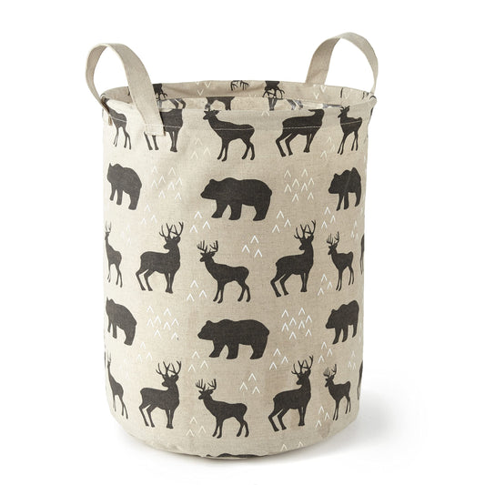 Levtex Baby - Cesta para guardería Logan - Cesta redonda de tela para almacenamiento - Osos y ciervos, color gris pardo y negro, accesorios para guardería, tamaño: 14 x 19 pulgadas.