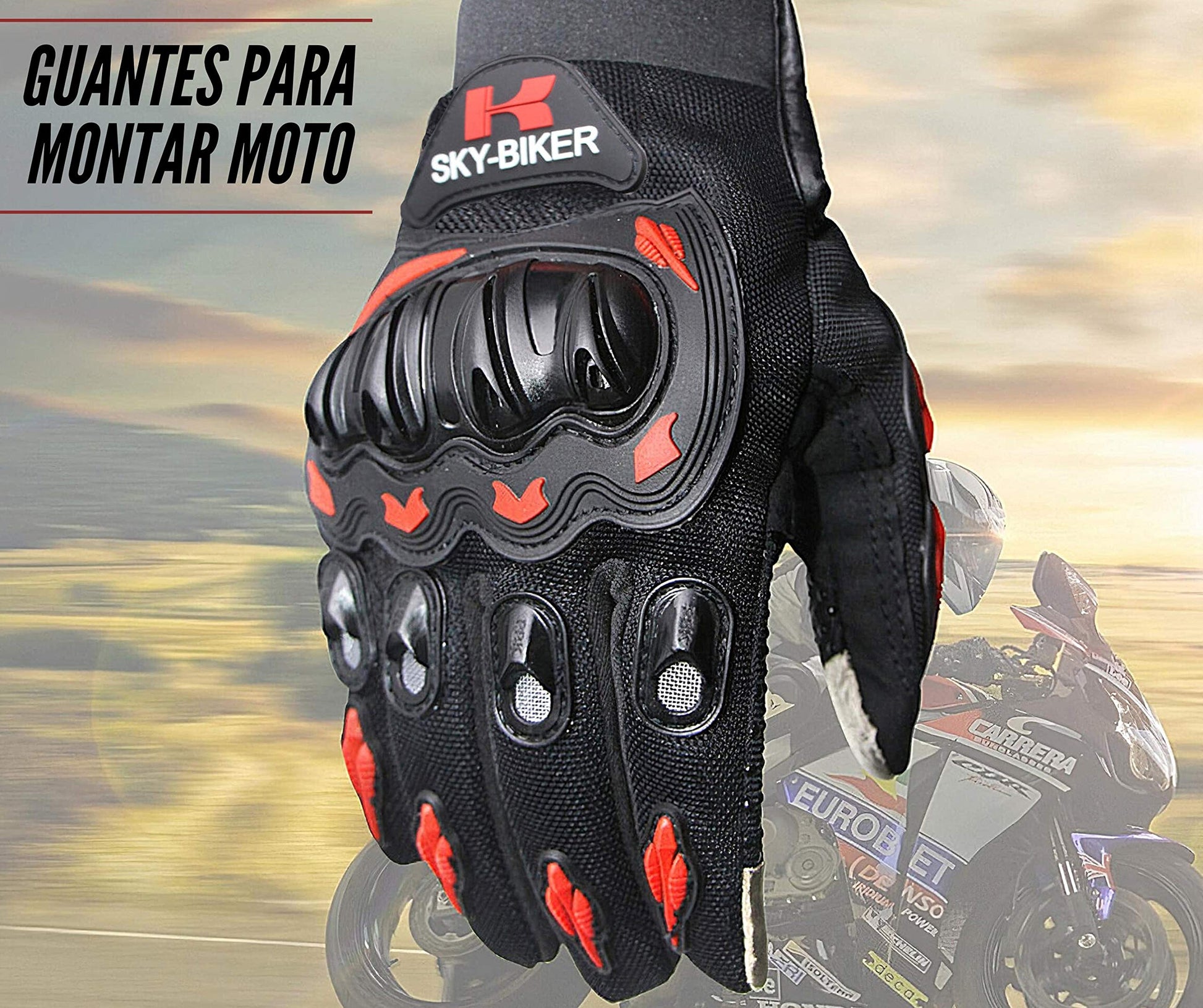 Hanylish Guantes para Motociclista, Antideslizante, Cómodos y Ligeros para Hombre y Mujer, Protección Completa con Sensores Táctiles, Accesorios para Moto, Bicicleta y Senderismo (Negro - Rojo, L)