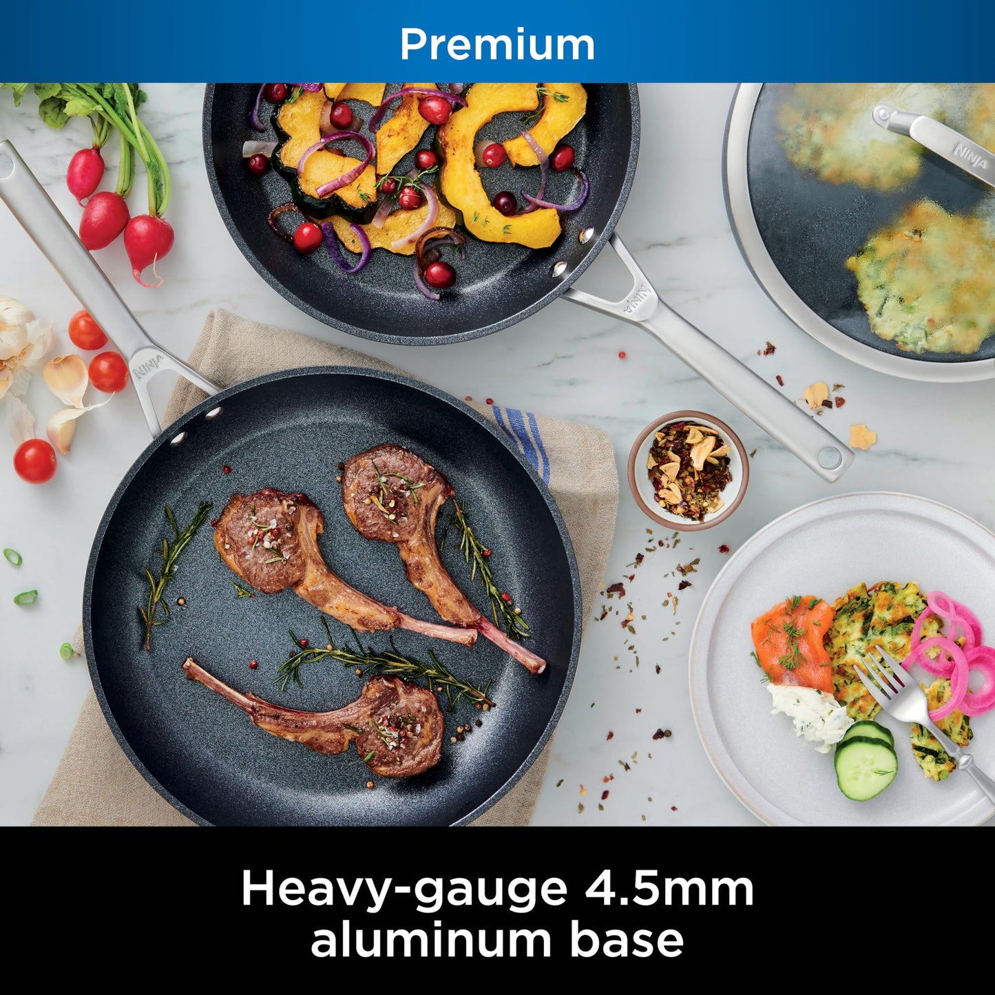Ninja C38000 Foodi NeverStick Juego de utensilios de cocina de alta calidad de 8 piezas con tapas de vidrio, anodizado duro, antiadherente, duradero y apto para horno hasta 500 °F, gris pizarrón