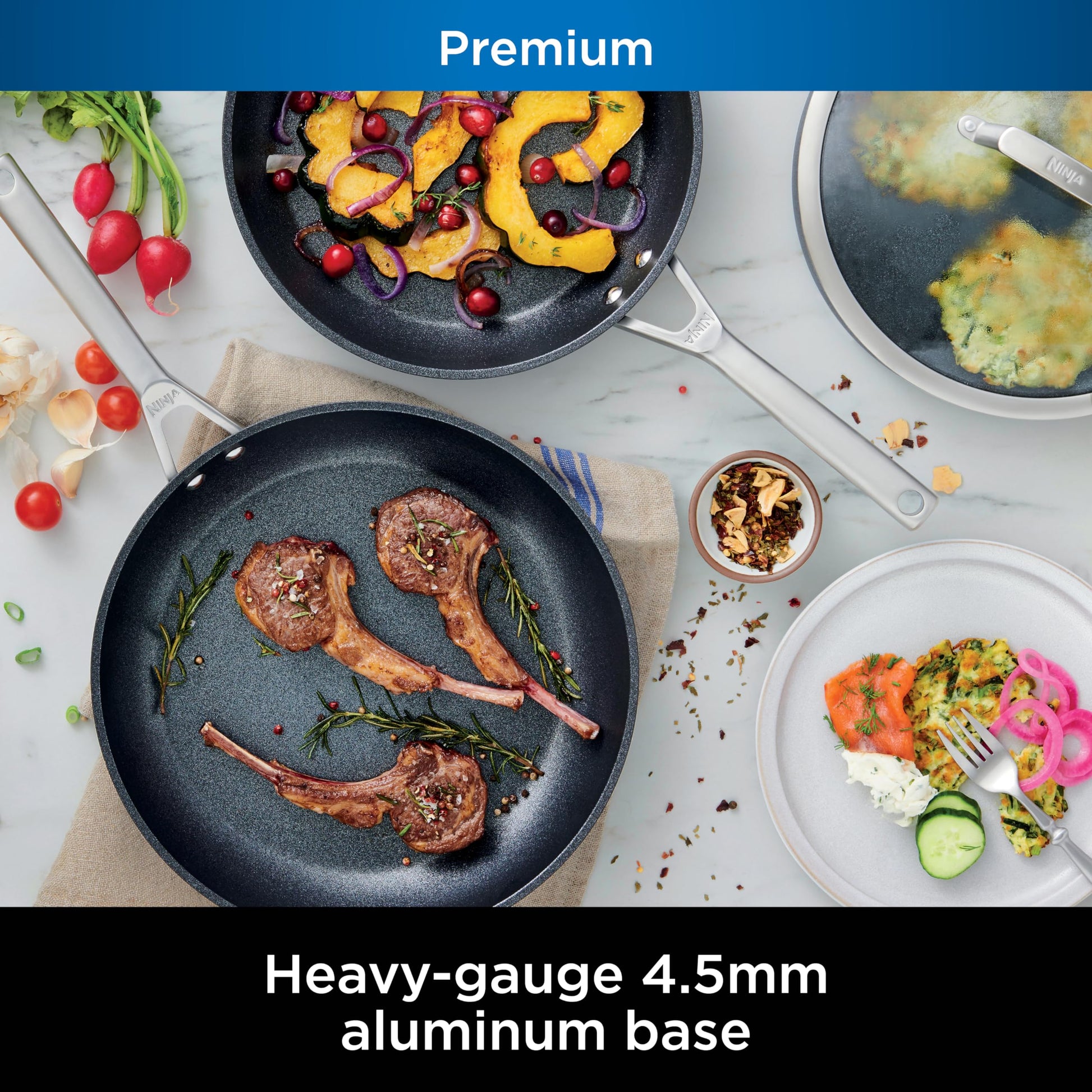 Ninja C38000 Foodi NeverStick Juego de utensilios de cocina de alta calidad de 8 piezas con tapas de vidrio, anodizado duro, antiadherente, duradero y apto para horno hasta 500 °F, gris pizarrón