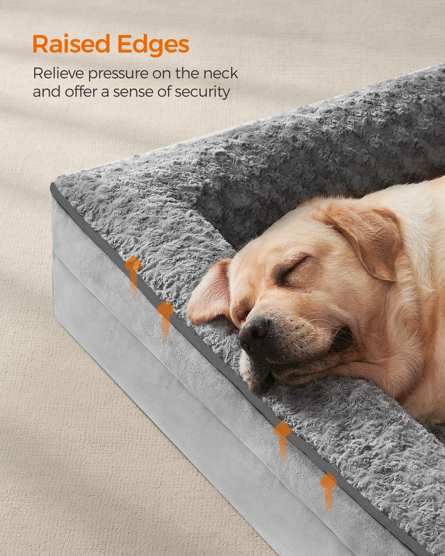 Feandrea Cama para Perros, Cama para Mascotas, 91 x 68 x 16 cm, Ortopédica con Espuma Corrugada, Funda Extraíble con Motivo Rosa de Peluche, Bordes Elevados Acolchados, Gris Paloma MPGW252G01