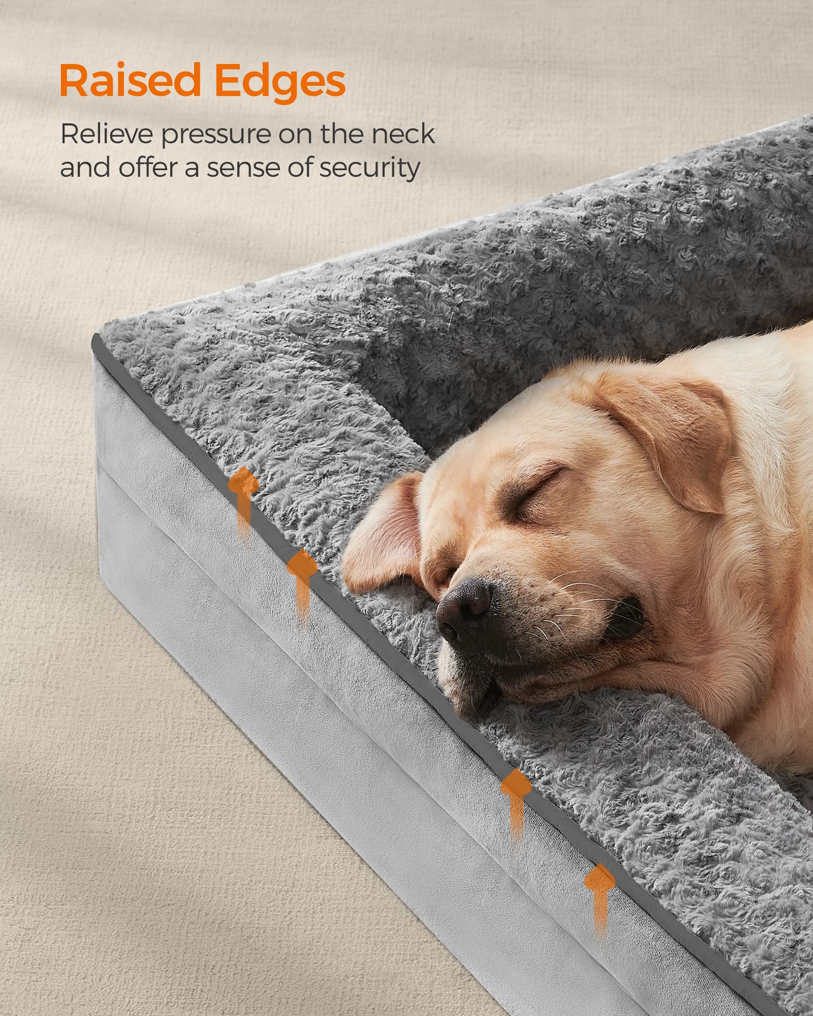 Feandrea Cama para Perros, Cama para Mascotas, 91 x 68 x 16 cm, Ortopédica con Espuma Corrugada, Funda Extraíble con Motivo Rosa de Peluche, Bordes Elevados Acolchados, Gris Paloma MPGW252G01
