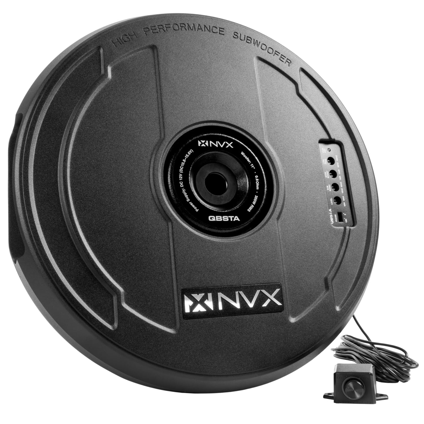 NVX QBSTA 900 W Max (300 W RMS) Subwoofer de 11 Pulgadas con Amplificador Incorporado y Control Remoto de Graves, Fácil de Instalar en Coches