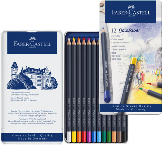 Faber-Castell Colores Goldfaber para Arte con 12 colores elaborados con excelente resistencia a la luz y a caídas, son ideales para artistas profesionales y aficionados que buscan proyectos creativos