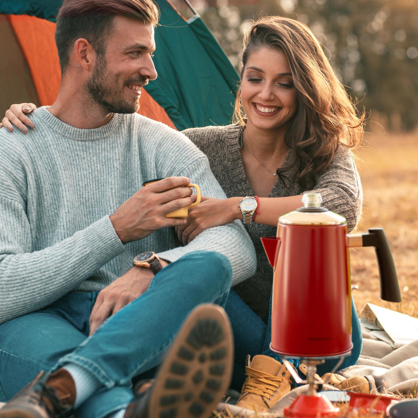 Percolador de Café Mixpresso Rojo con Mango de Tacto Frío de Acero Inoxidable 50 Onzas