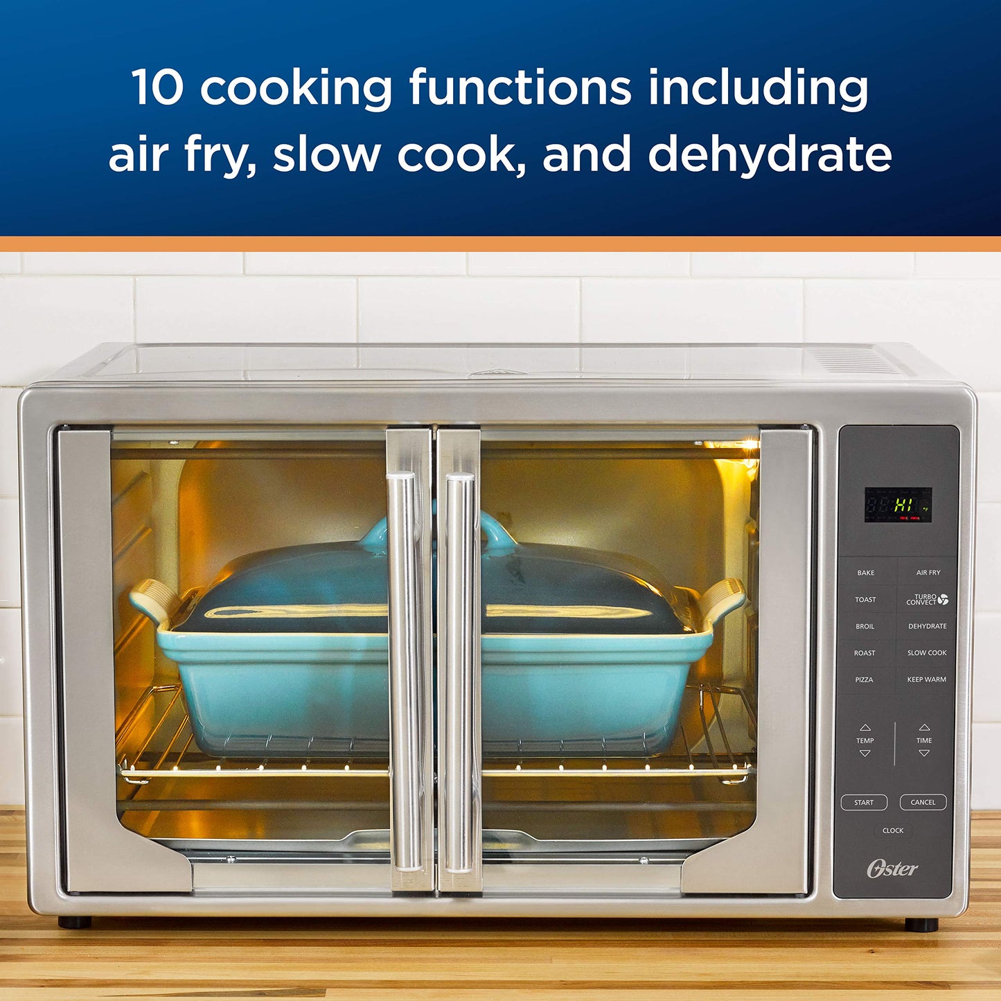 Oster Air Freidora Horno 10 en 1 tostador de encimera lo suficientemente grande para 2 pizzas puertas francesas de acero inoxidable, tamaño XL