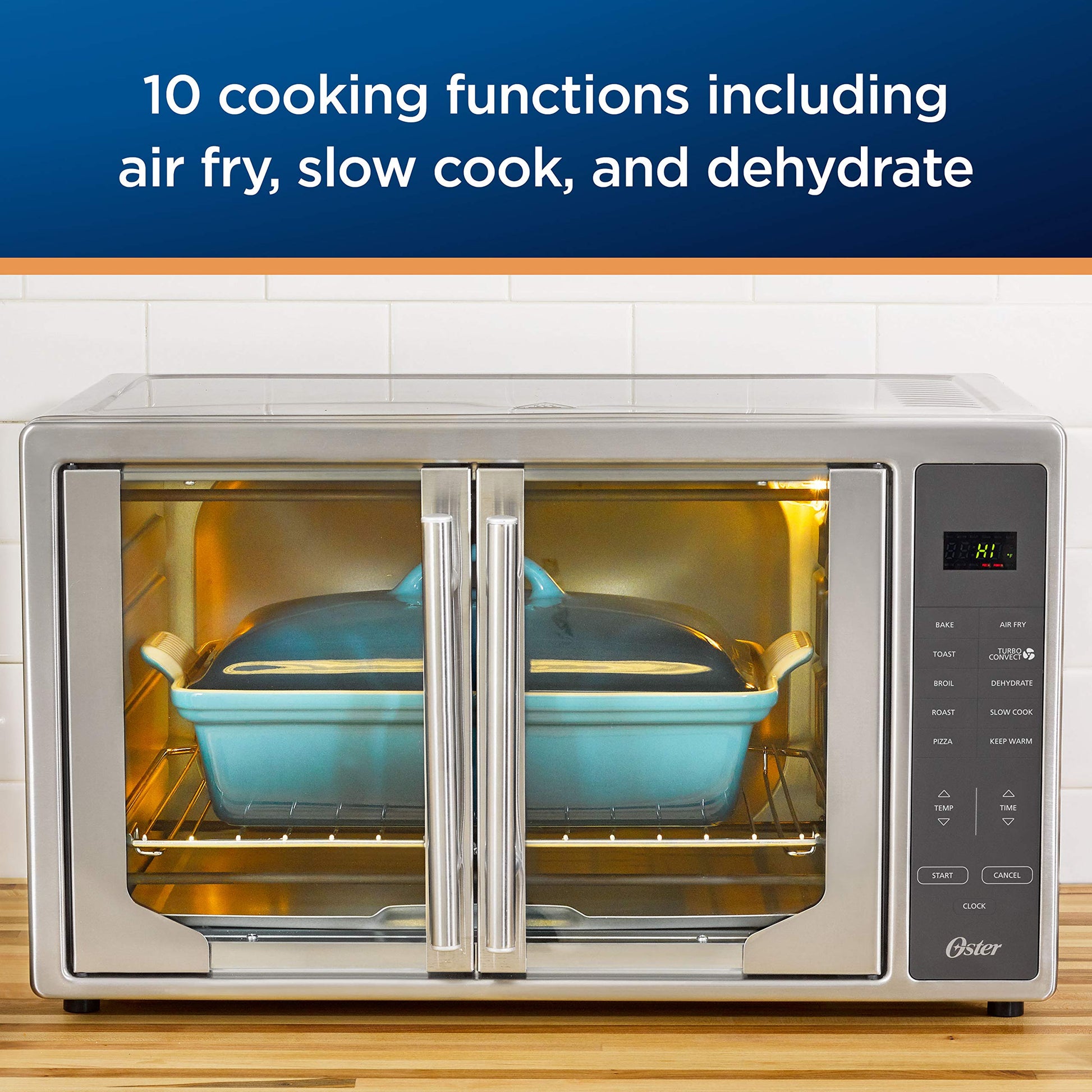 Oster Air Freidora Horno 10 en 1 tostador de encimera lo suficientemente grande para 2 pizzas puertas francesas de acero inoxidable, tamaño XL