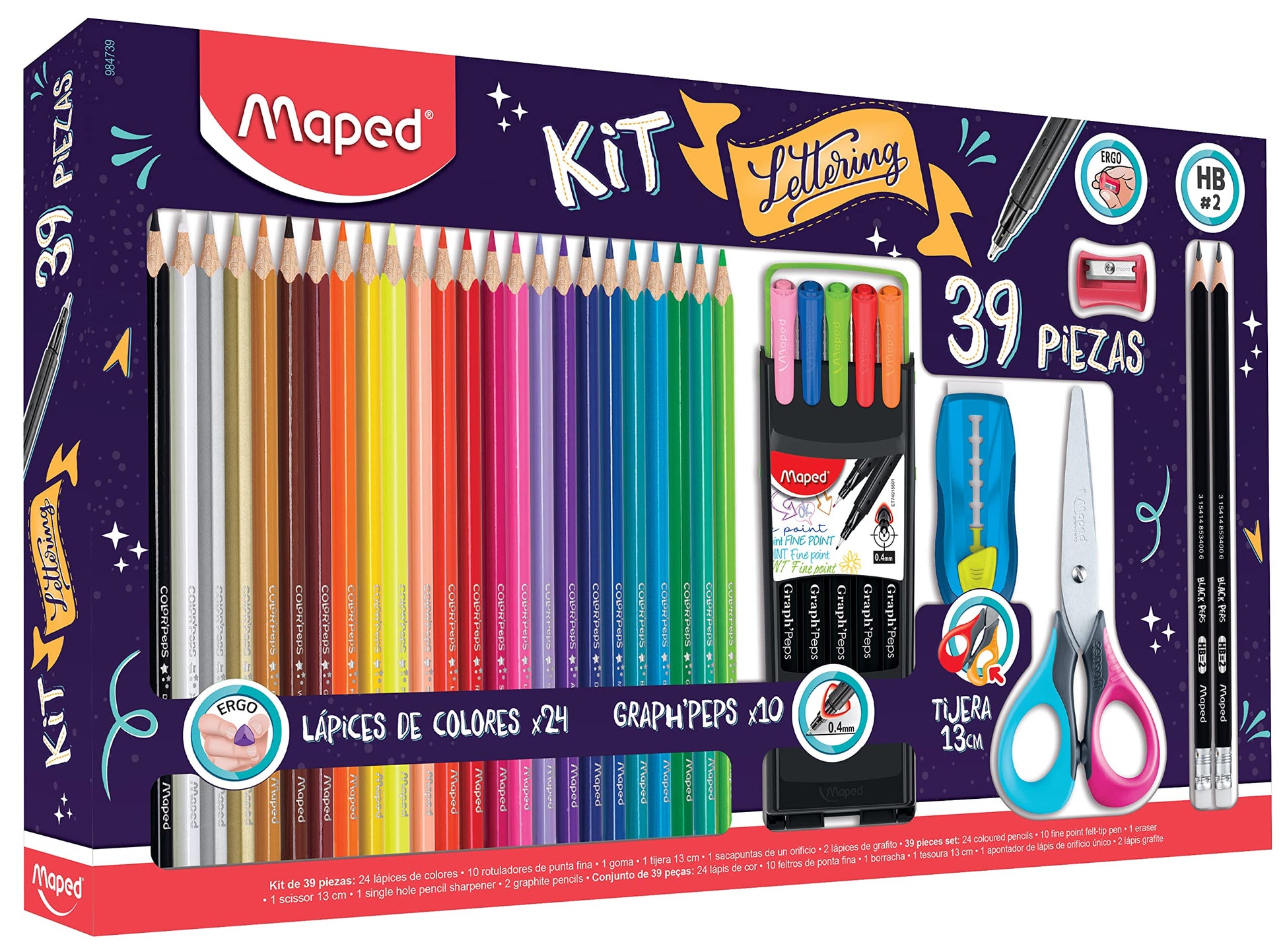Maped - Set de Coloreo Lettering 39 piezas: 24 Colores, 10 Rotuladores finos, 1 tijera, 1 goma, 1 sacapuntas, 2 lápices de grafito sin madera
