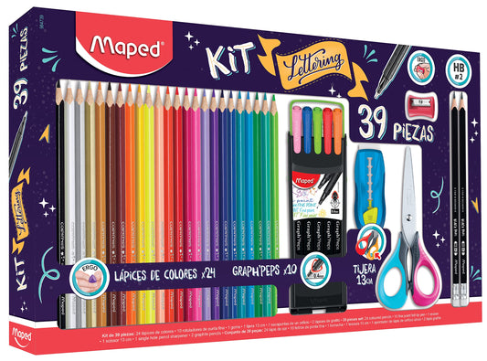 Maped - Set de Coloreo Lettering 39 piezas: 24 Colores, 10 Rotuladores finos, 1 tijera, 1 goma, 1 sacapuntas, 2 lápices de grafito sin madera