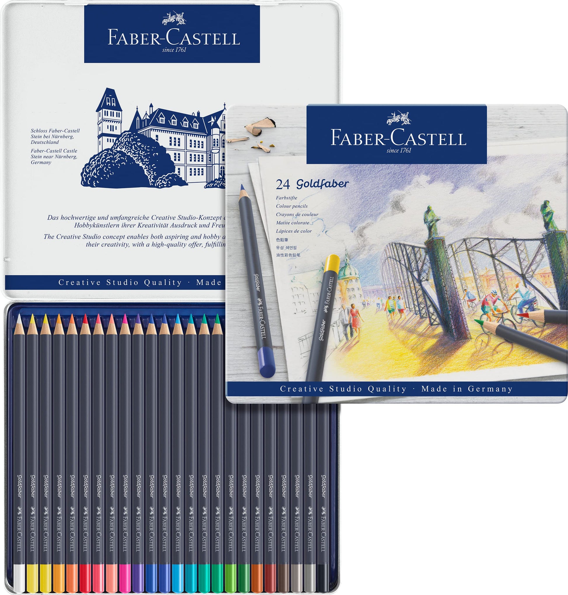 Faber-Castell Colores Goldfaber para Arte con 24 colores elaborados con excelente resistencia a la luz y a caídas, son ideales para artistas profesionales y aficionados que buscan proyectos creativos
