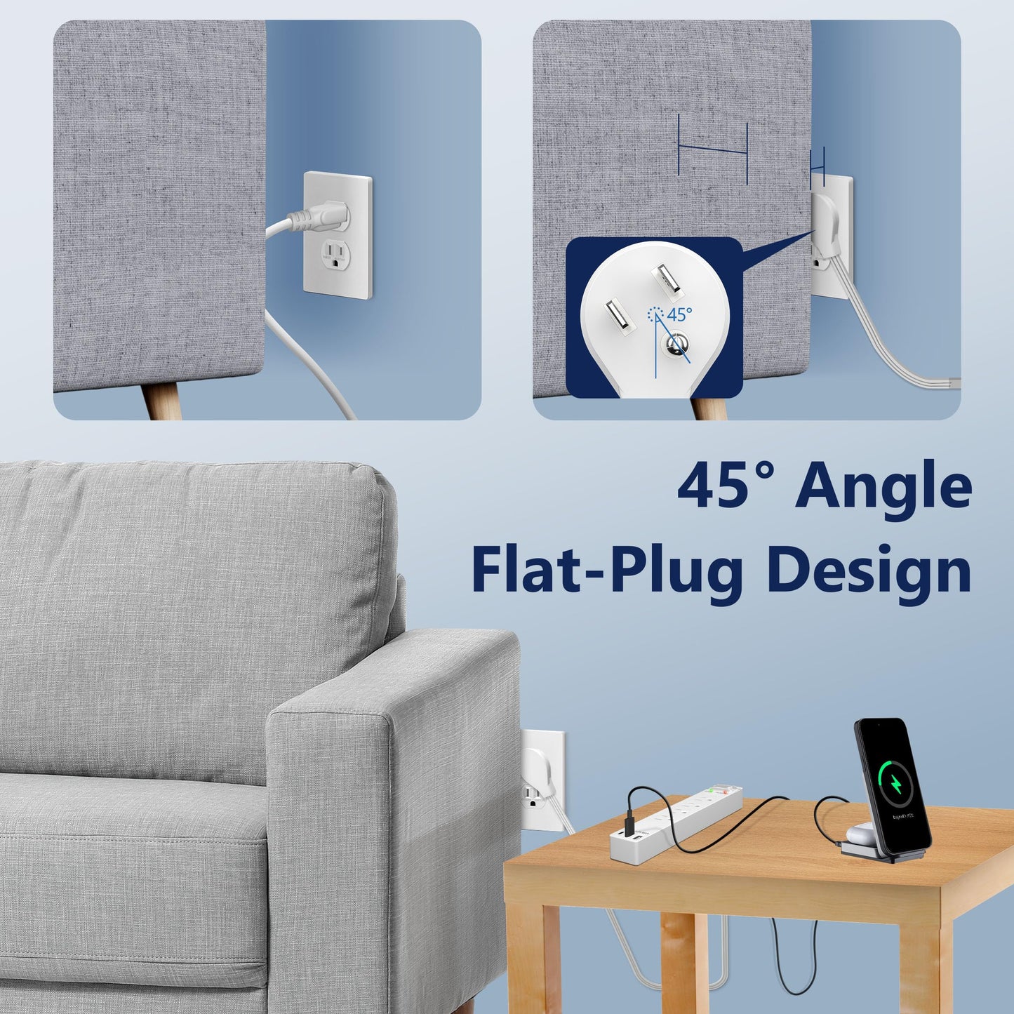 LIDER Extensor de salida con 4 receptáculos, USB tipo A y 2 USB tipo C, enchufe plano ultrafino, tira de alimentación de 4 tomas, ángulo de 45 grados, protector de sobretensiones, 1500 julios, cable