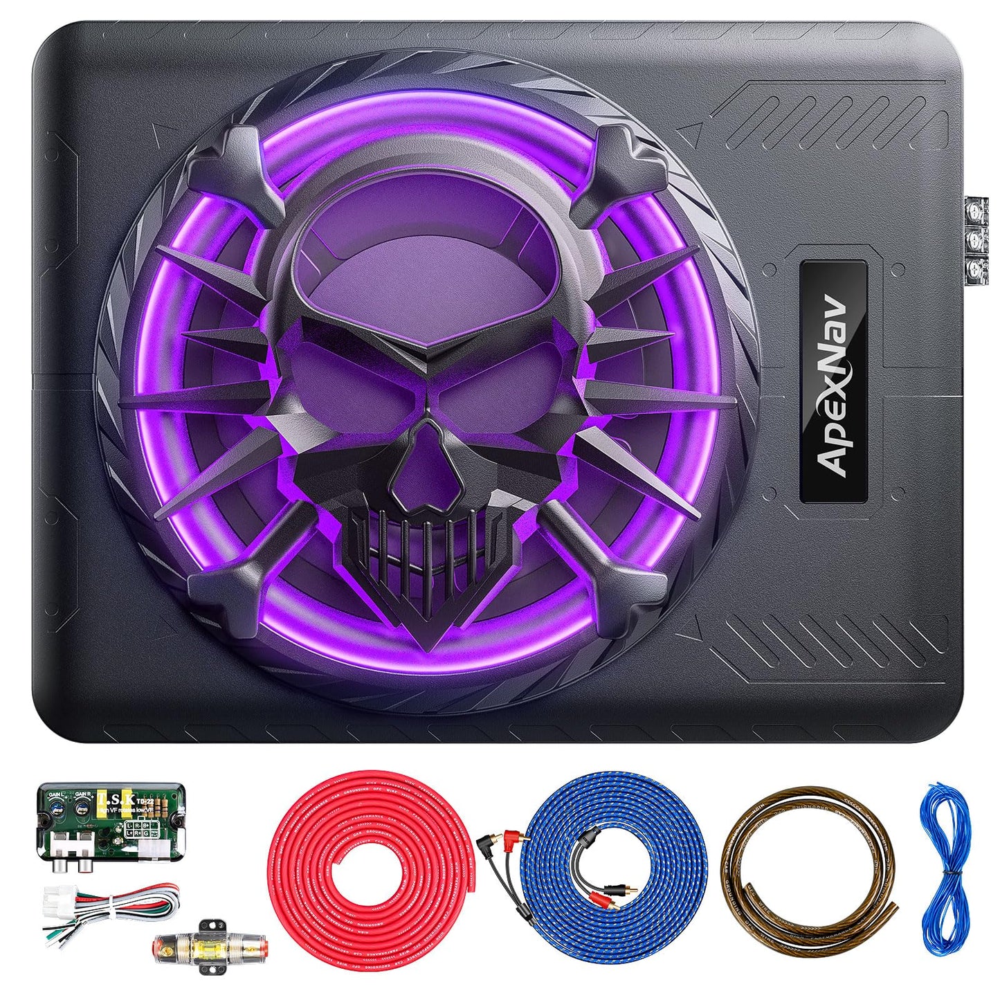 Subwoofer de 10 pulgadas y 1200 W delgado para debajo del asiento, subwoofer de audio para coche/camión y paquete de amplificador, subwoofer de graves puros con luz ambiental LED (subwoofer + kit de
