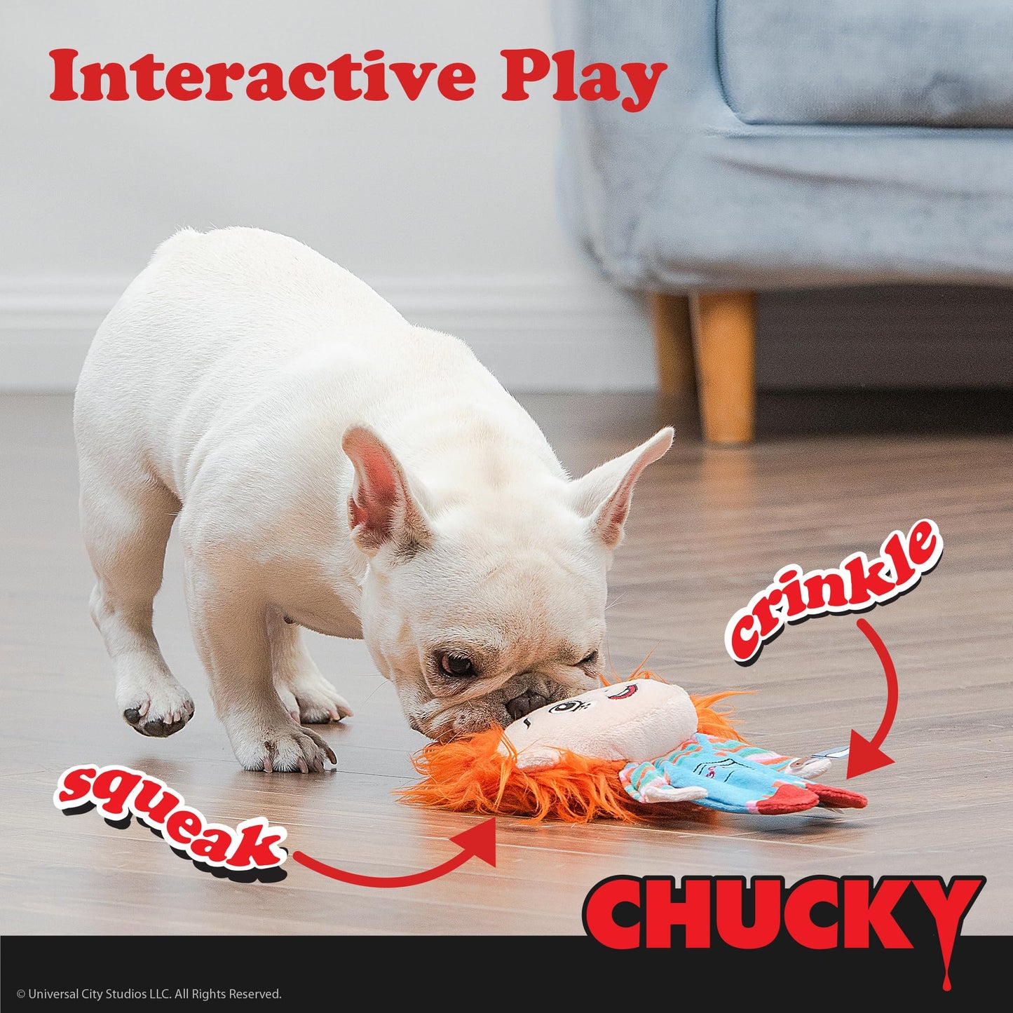CHUCKY - Juguete de peluche de 9 pulgadas para perros con cuerpo plano | Juguete chirriante para perros de tamaño mediano, juguete masticable para perros con chirriador | Juguetes de película de