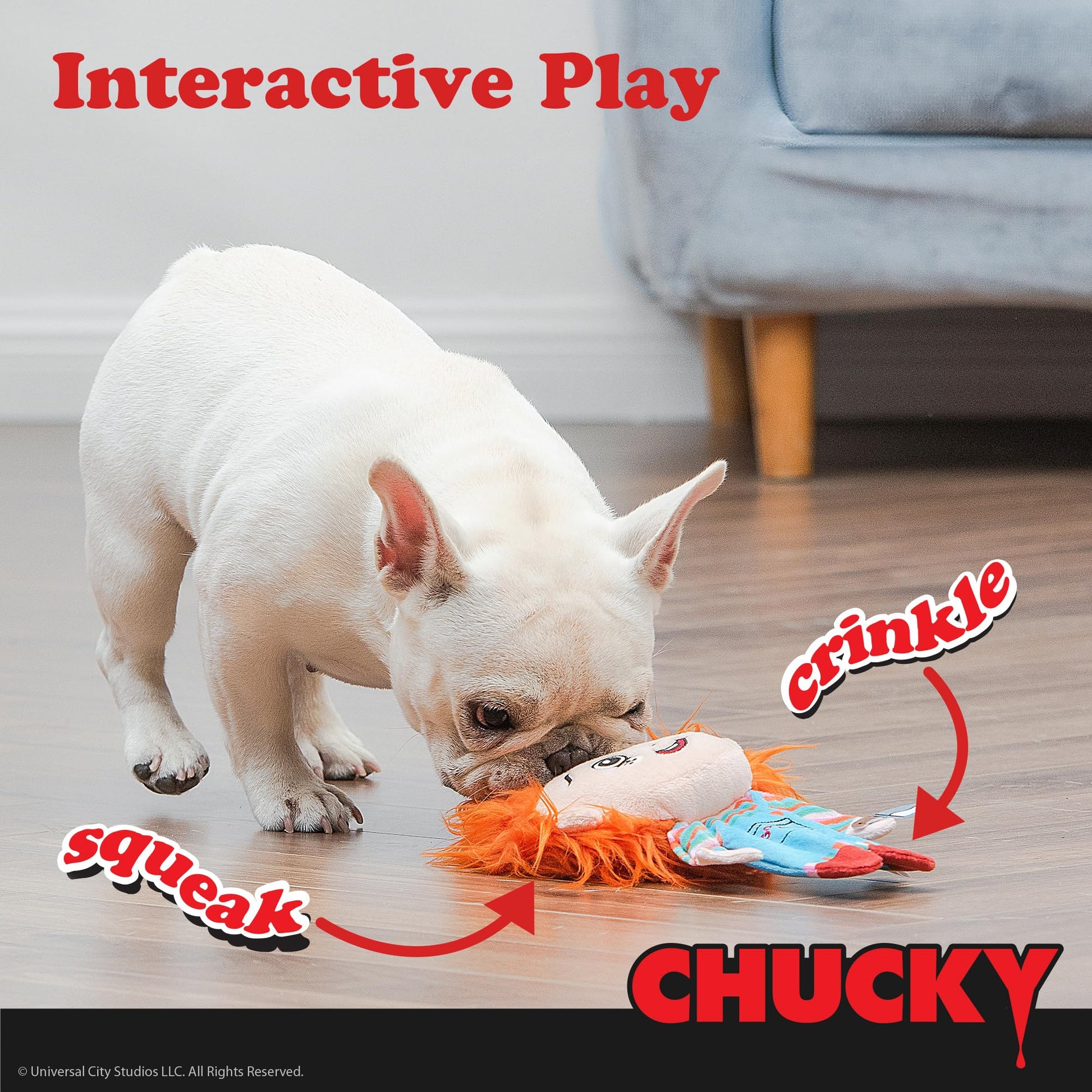 CHUCKY - Juguete de peluche de 9 pulgadas para perros con cuerpo plano | Juguete chirriante para perros de tamaño mediano, juguete masticable para perros con chirriador | Juguetes de película de