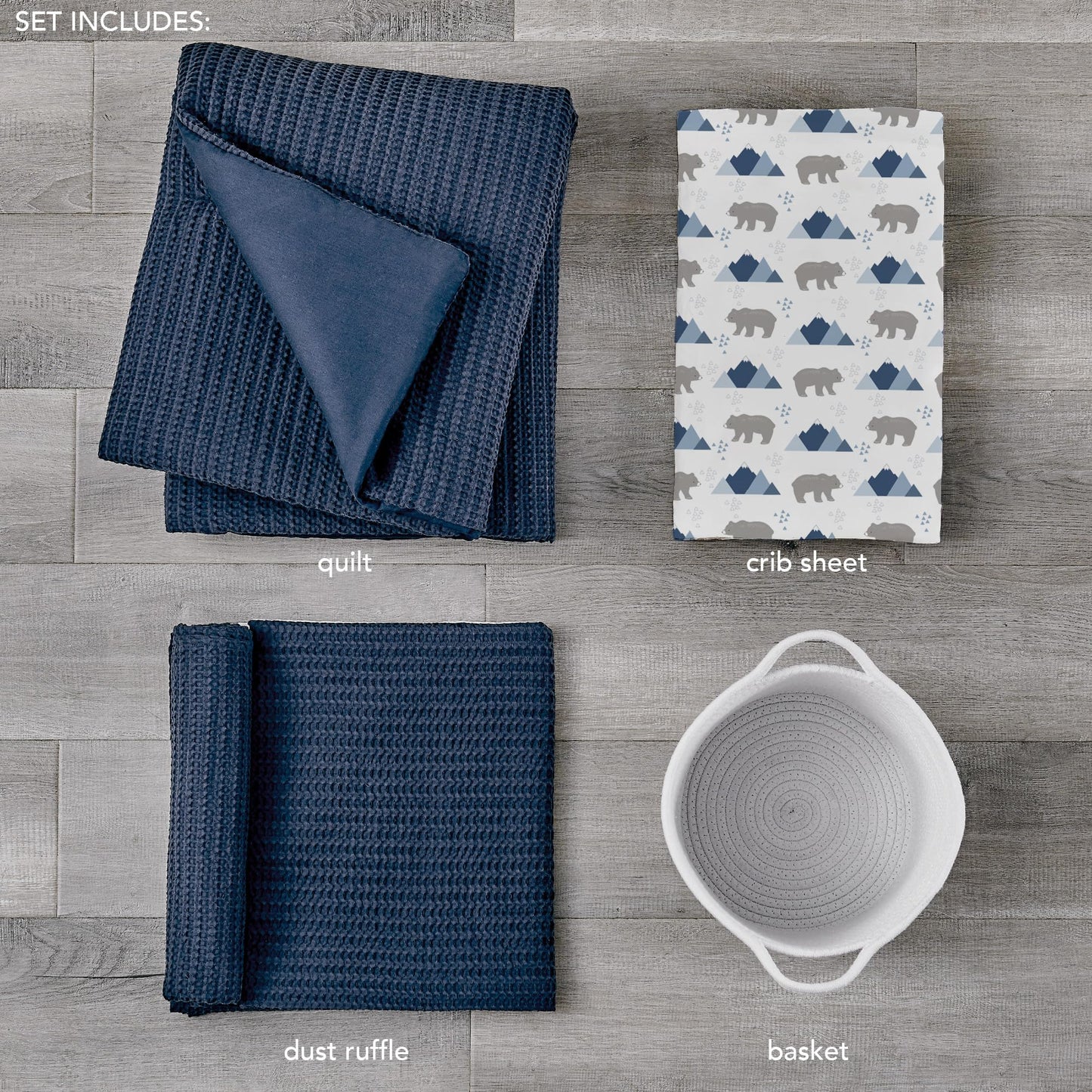 Levtex Baby - Juego de cama para cuna Mills Waffle - Juego de guardería para bebé - Azul marino - Azul marino con textura de gofre - Juego de 4 piezas incluye edredón, sábana ajustable, volante