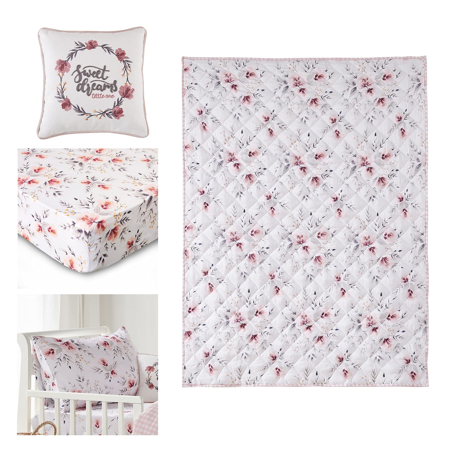 Levtex Baby - Adeline - Juego de cama para niños pequeños, color rosa, gris y blanco, diseño floral clásico, juego de 5 piezas, incluye edredón reversible, sábana bajera, sábana encimera, funda de