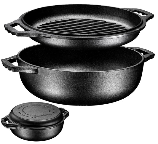 Bruntmor - Horno holandés de hierro fundido presazonado 2 en 1 con doble asa, cacerola doble de cocotte con tapa para parrilla, 3.3 cuartos de galón, parrilla para barbacoa, freidora, juego de