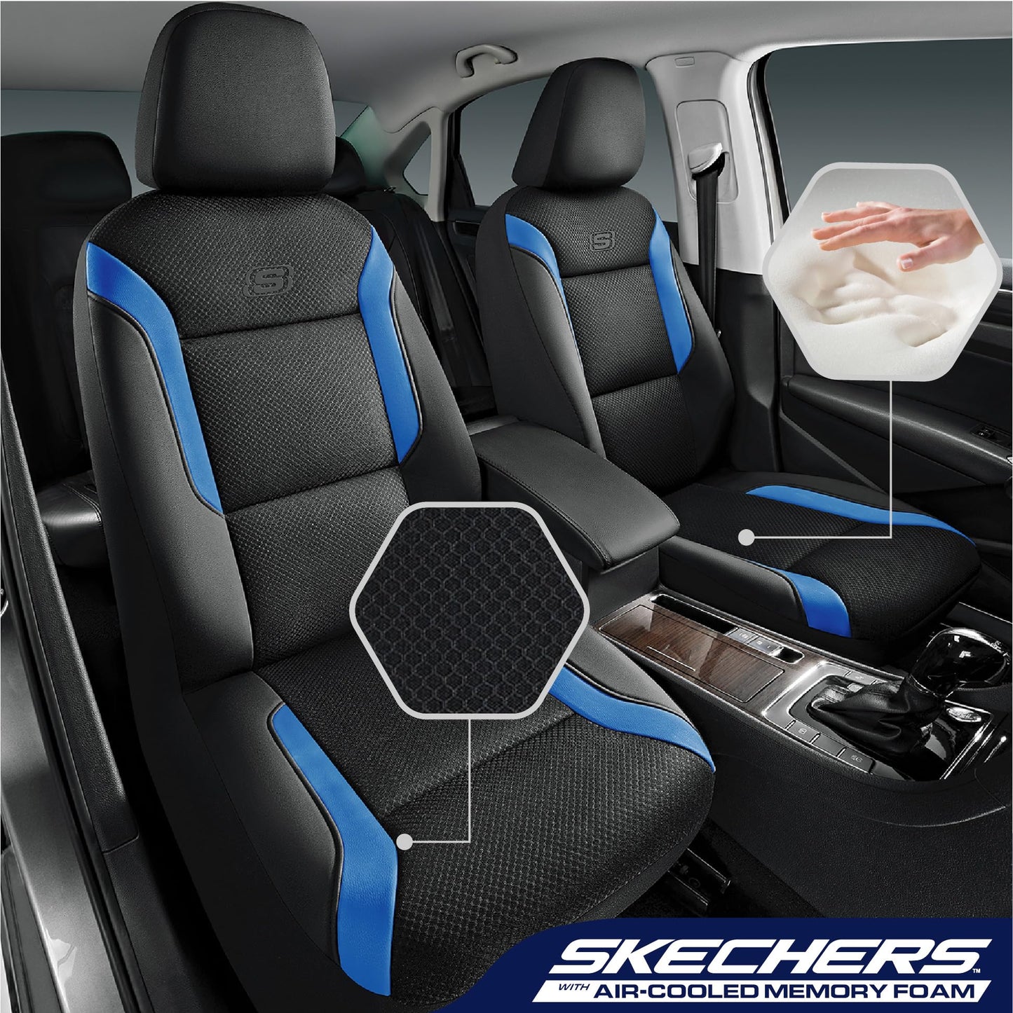 Skechers Memory Foam™ - Fundas de asiento de coche de piel asiento delantero, compatible con airbag, comodidad y protección automotriz para la mayoría de vehículos, azul