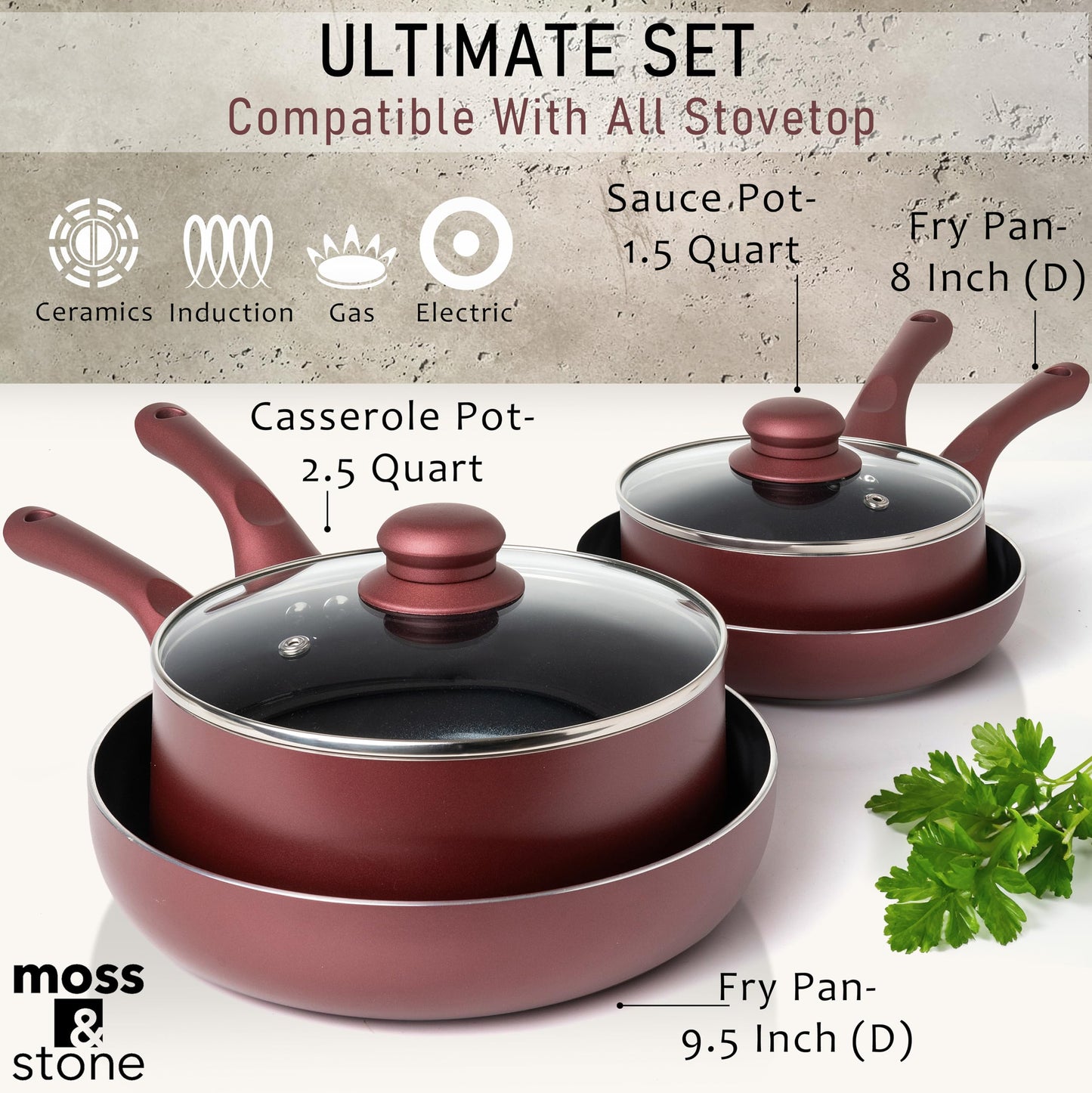 Juego de Ollas y Sartenes Moss & Stone con Tapas de Vidrio y Asas Frías sin PTFE/PFOA