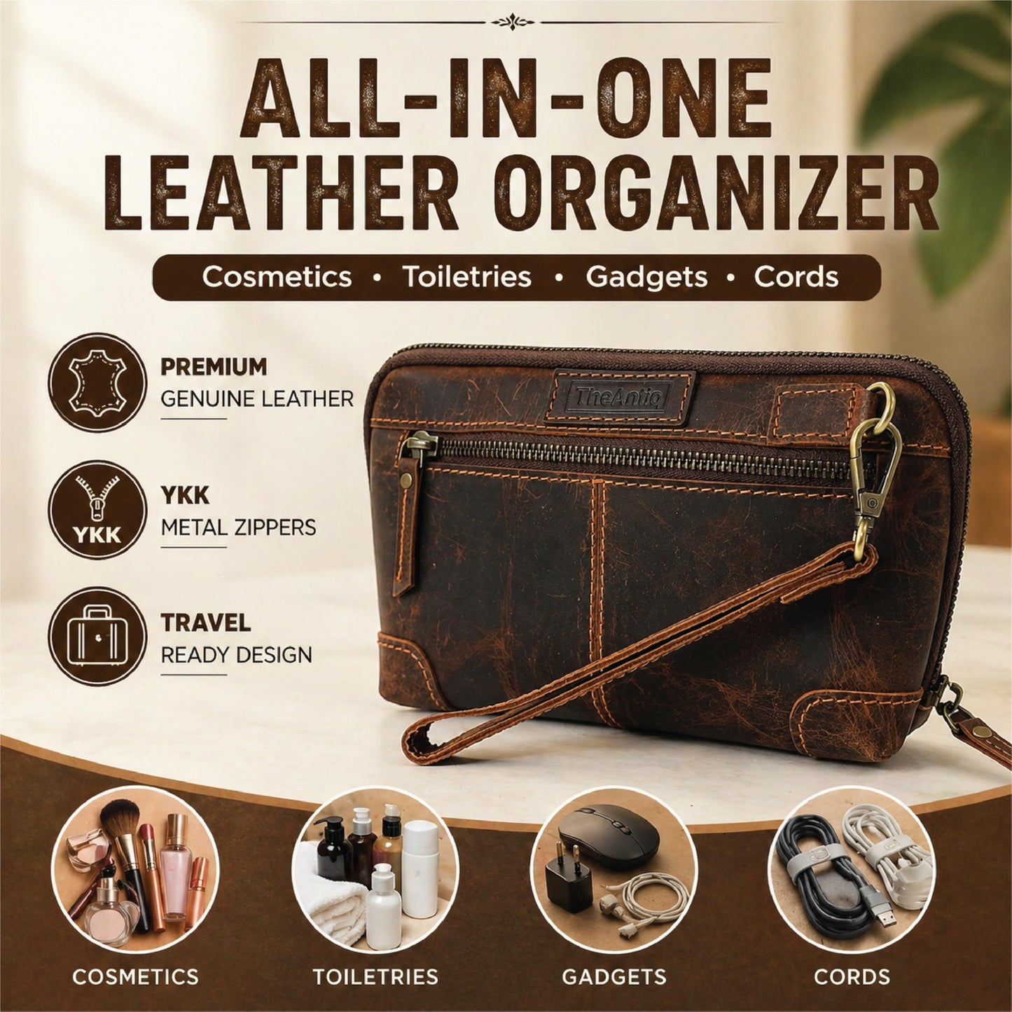 TheAntiq - Bolsa de maquillaje de piel auténtica, organizador de viaje, bolsa de cosméticos hecha a mano, con cierre y correa para la muñeca, Bolsa de maquillaje de viaje café, Estándar