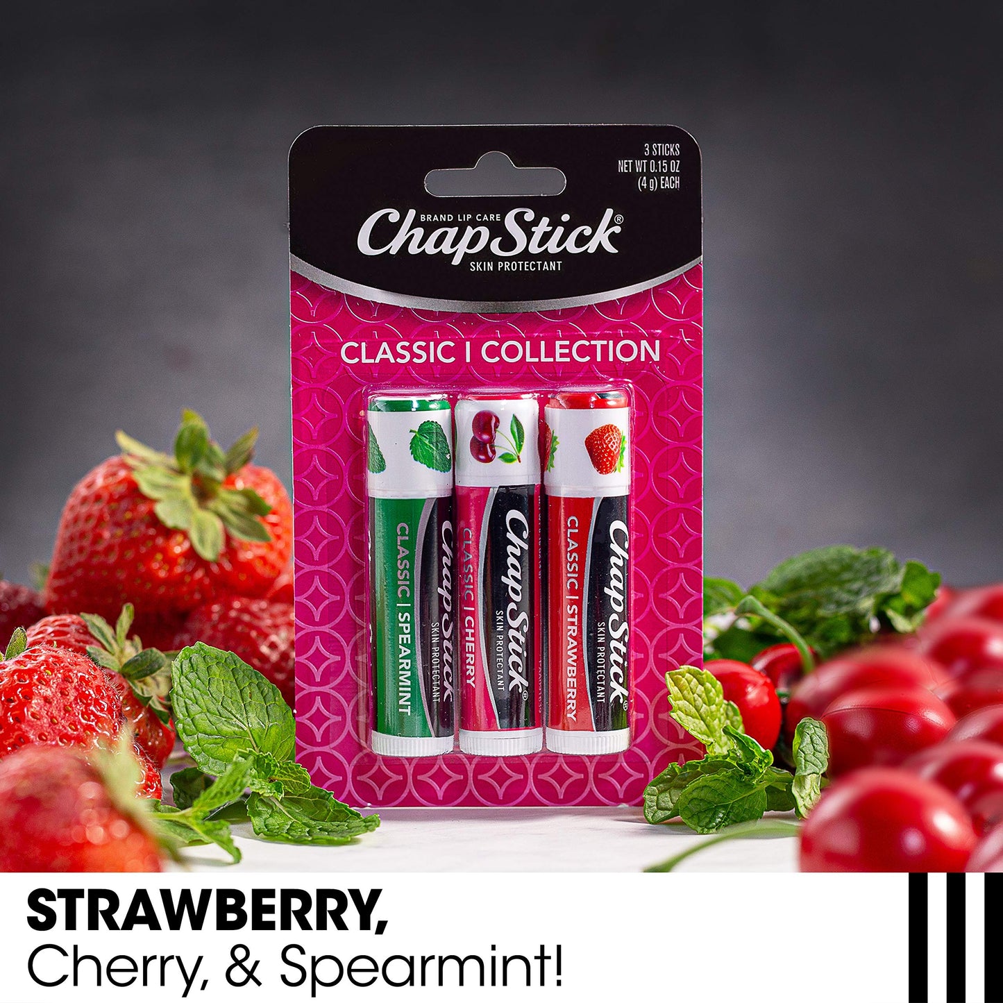 ChapStick Classic (3 Sticks) Cherry, Strawberry & Spearmint Flavor Skin Protectant Flavored Lip Balm Tube, 0.15 Ounce Each
