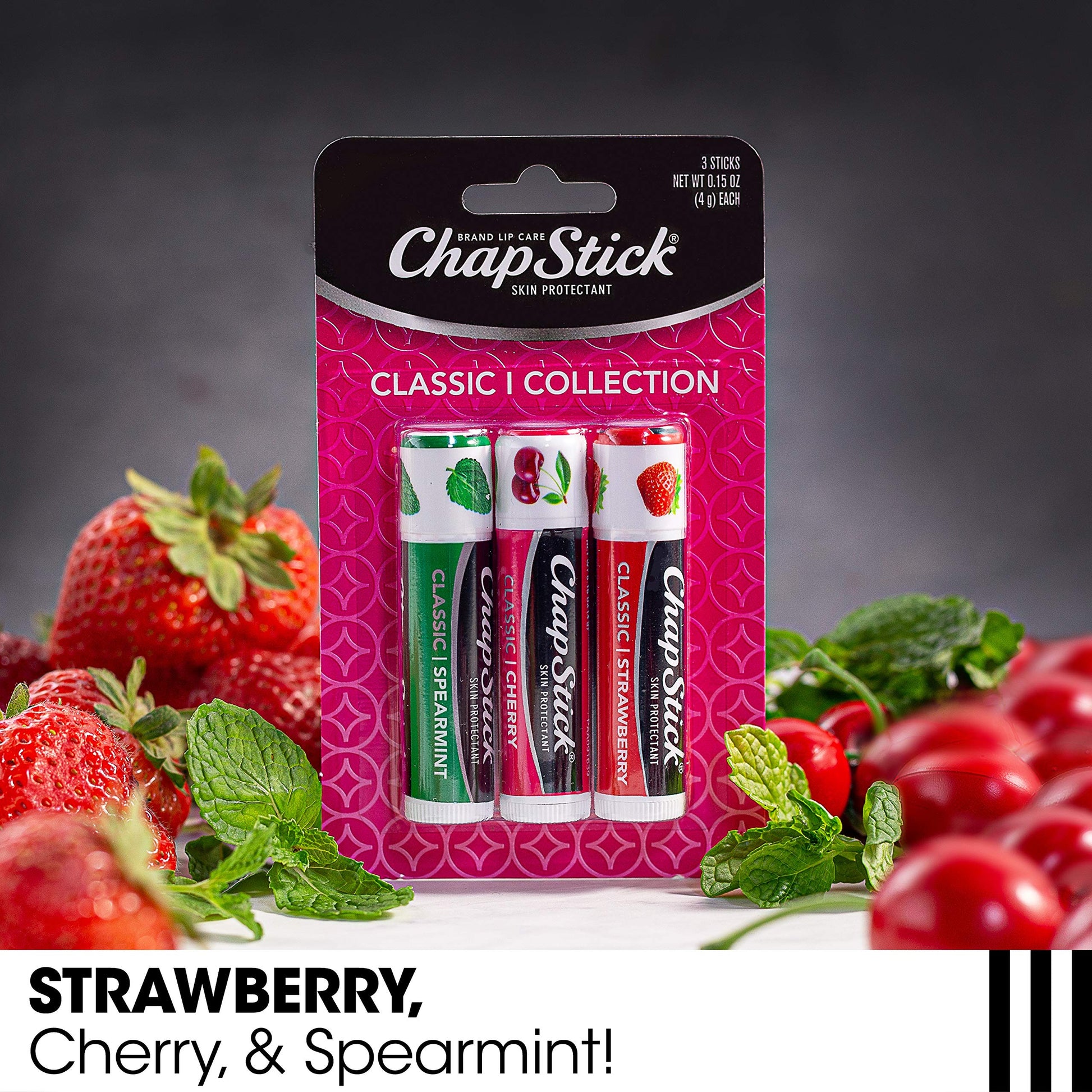 ChapStick Classic (3 Sticks) Cherry, Strawberry & Spearmint Flavor Skin Protectant Flavored Lip Balm Tube, 0.15 Ounce Each