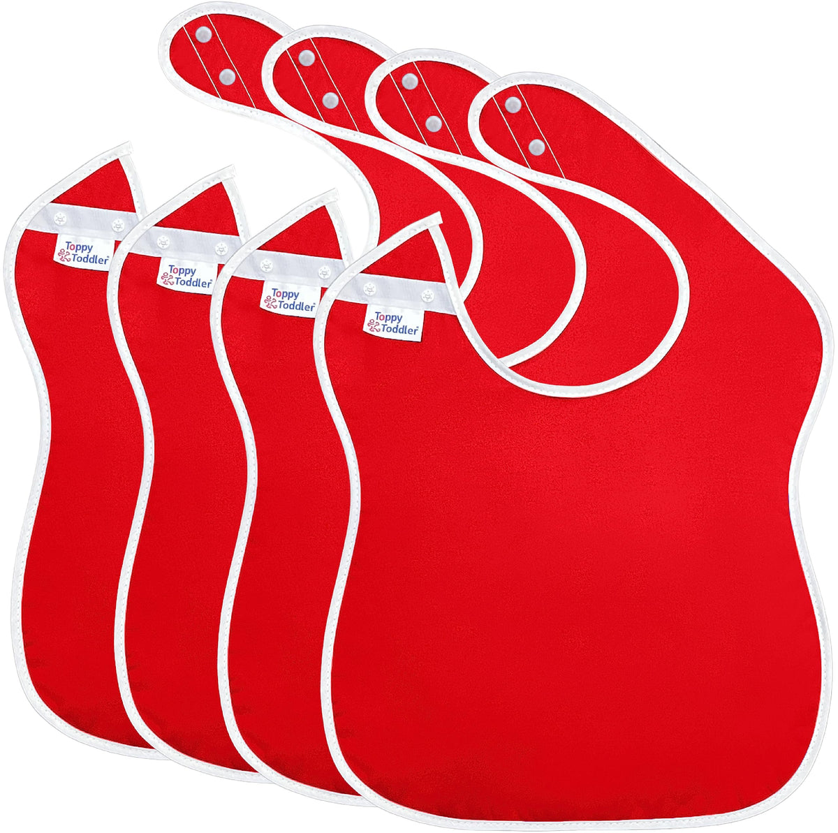 Toppy - 4 baberos rojos grandes impermeables para bebés de 1 a 4 años de edad, baberos de tela ligera, suave y duradera con botones a presión para niñas y niños, apto para secadora y fácil de limpiar