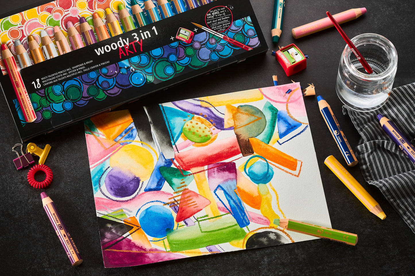 STABILO woody ARTY, 3 en 1, estuche con 6 colores y sacapuntas