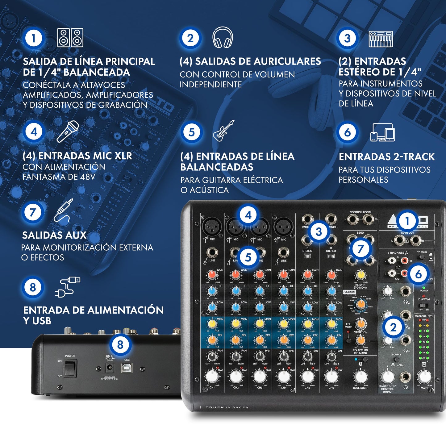 Mezcladora de Audio ALTO TrueMix 800FX Bluetooth para Podcasts y Grabación