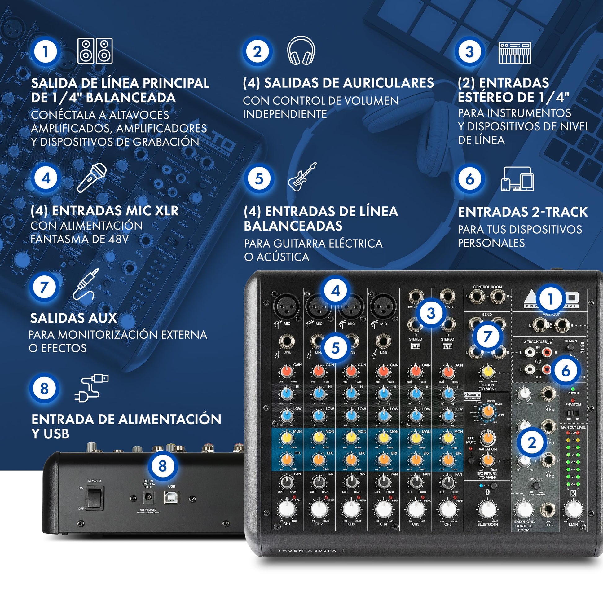 Mezcladora de Audio ALTO TrueMix 800FX Bluetooth para Podcasts y Grabación