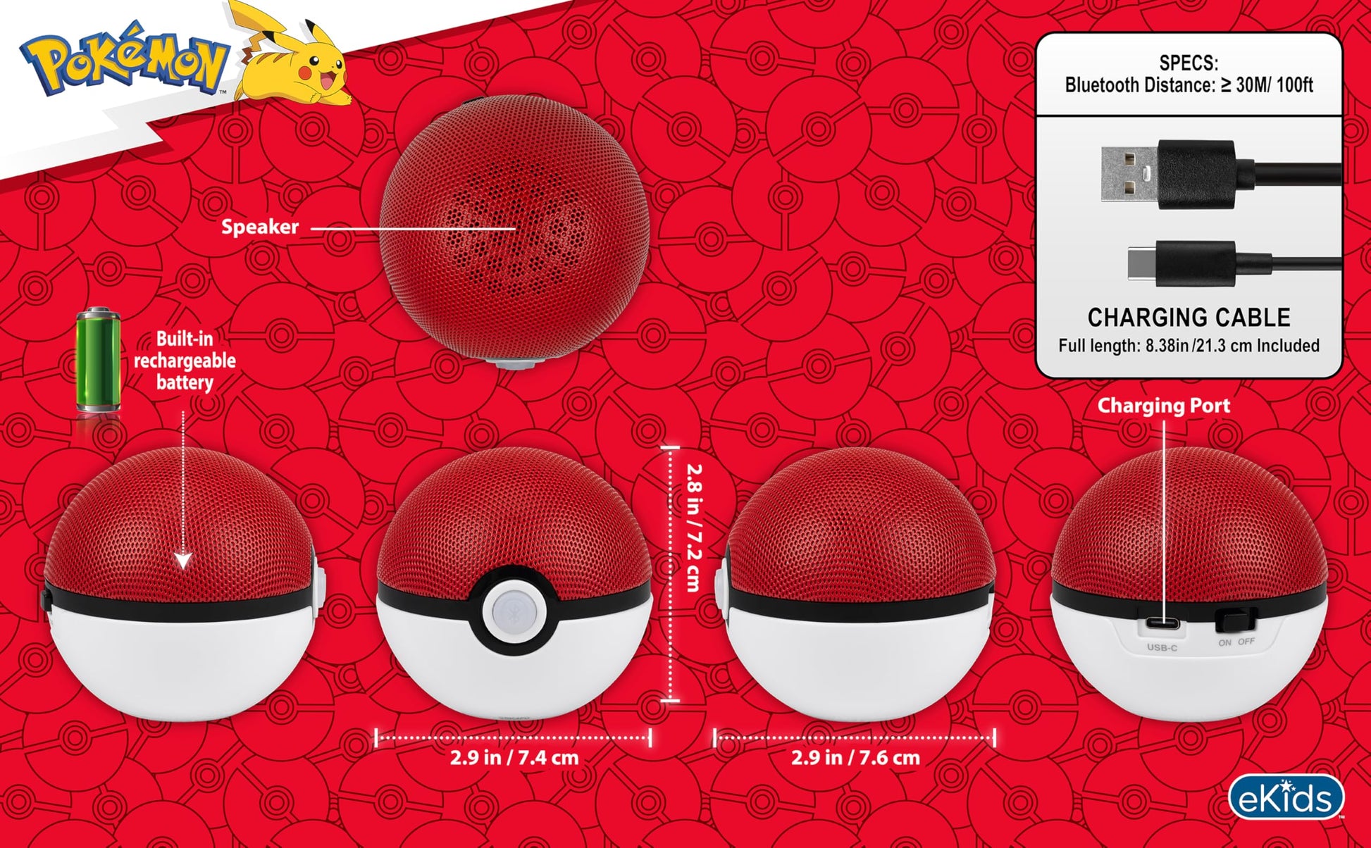eKids - Pokebola de Pokémon - Bocina inalámbrica con batería recargable y cable de carga USB-C