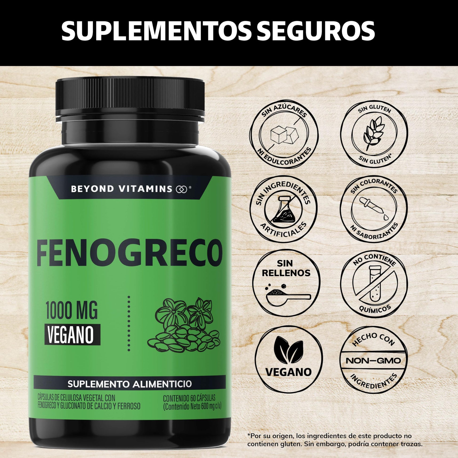 Beyond Vitamins | Fenogreco 1000mg reforzado con Calcio y Hierro | Vegano y sin rellenos | Fenugreek 60 caps