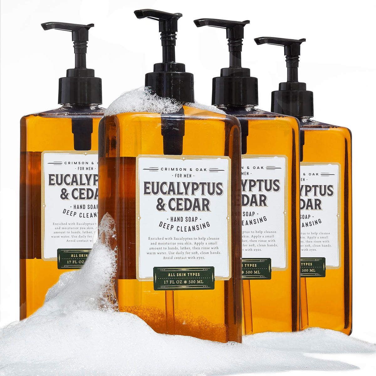 Body Prescriptions- Jabón de manos de limpieza profunda para hombres Crimson & Oak con dispensador de bomba, 17 onzas líquidas (paquete de 4), eucalipto y