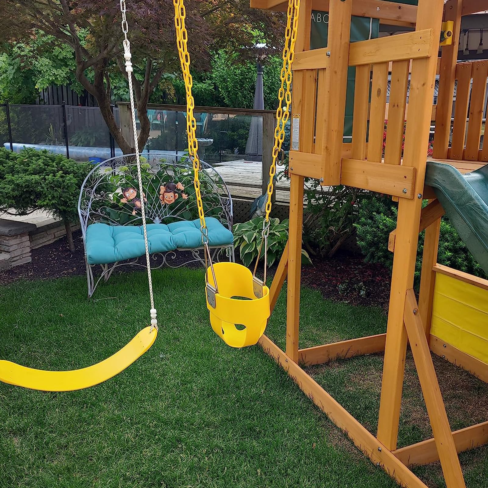 KINSPORY Asiento de Columpio, 150cm Columpio para bebé con Cadenas de Hierro Resistentes recubiertas, Juego de Columpio al Aire Libre con Respaldo Alto y Correas para árboles - Amarillo