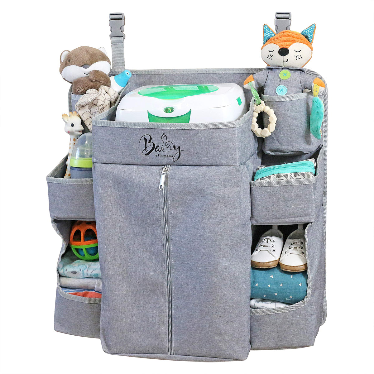 Premium Nursery Organiser and Baby Nappy Caddy Hanging Nappy Organiser for Baby Essentials Hang on Crib, Changing Table, Playard or Furniture Portable Storage for Wipes (Grey)