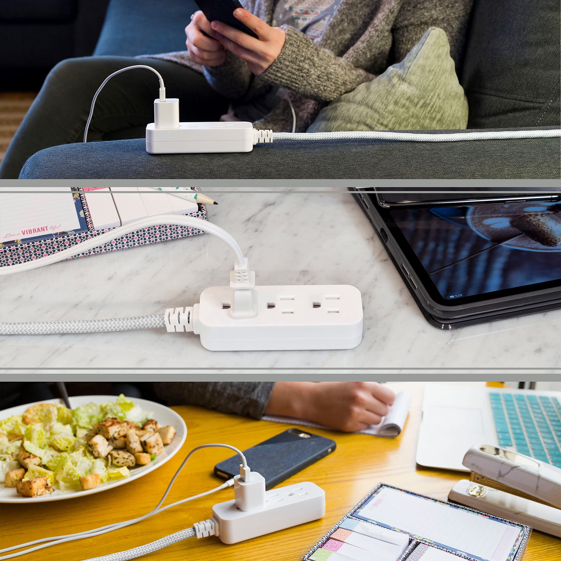 Cordinate Designer 37914 Cable de extensión de 3 Salidas con protección contra sobretensiones, Gris, Cable de Tela Decorativa Trenzada, 10 pies