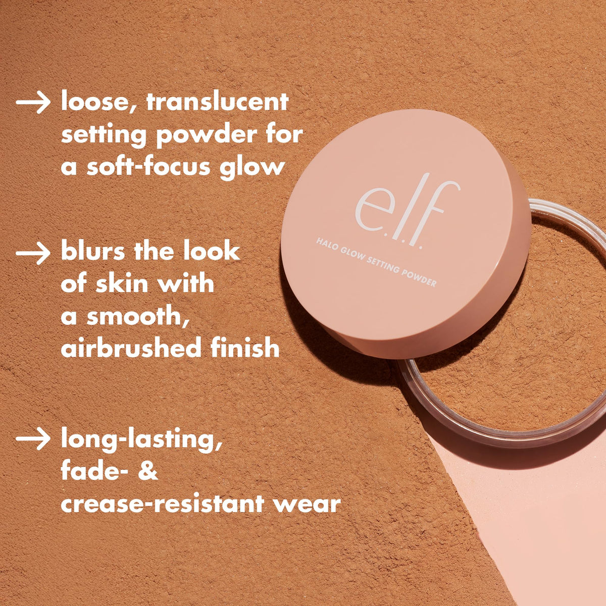 duende. Polvo fijador Halo Glow, sedoso, ingrávido, difuminado, suaviza, minimiza los poros y las líneas finas, crea un efecto de enfoque suave, acabado profundo y semimate, 0.24 oz