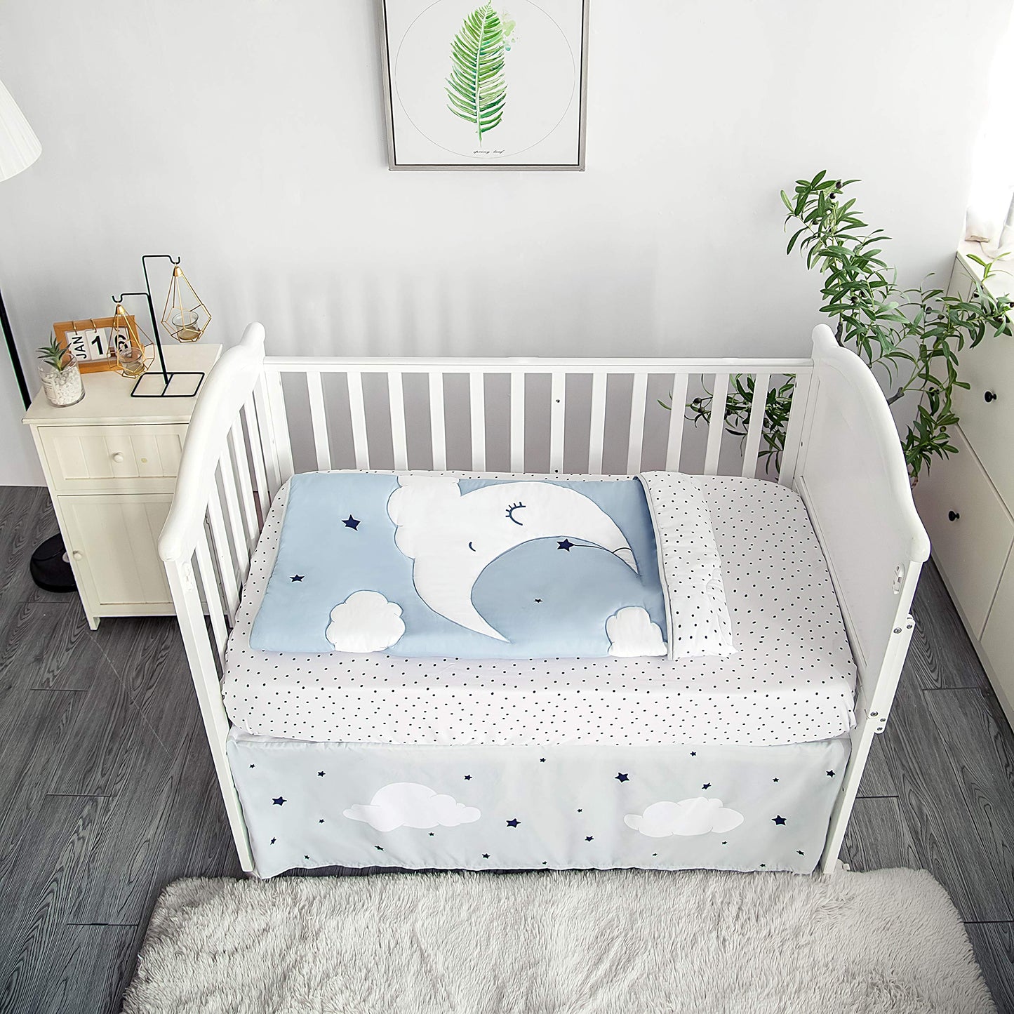 La Premura Sleeping Moon - Juego de ropa de cama para cuna de bebé, 3 piezas, tamaño estándar, color azul y gris
