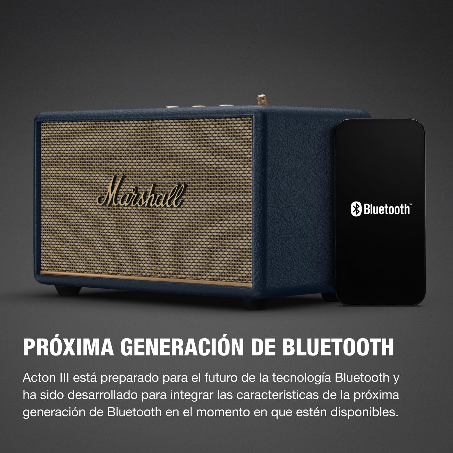 Marshall Acton III Bocina Bluetooth – Sonido Estéreo Potente con Controles de Bajos y Agudos | Funciona Conectada a la Corriente | Entrada Auxiliar de 3.5 mm | Azul Medianoche