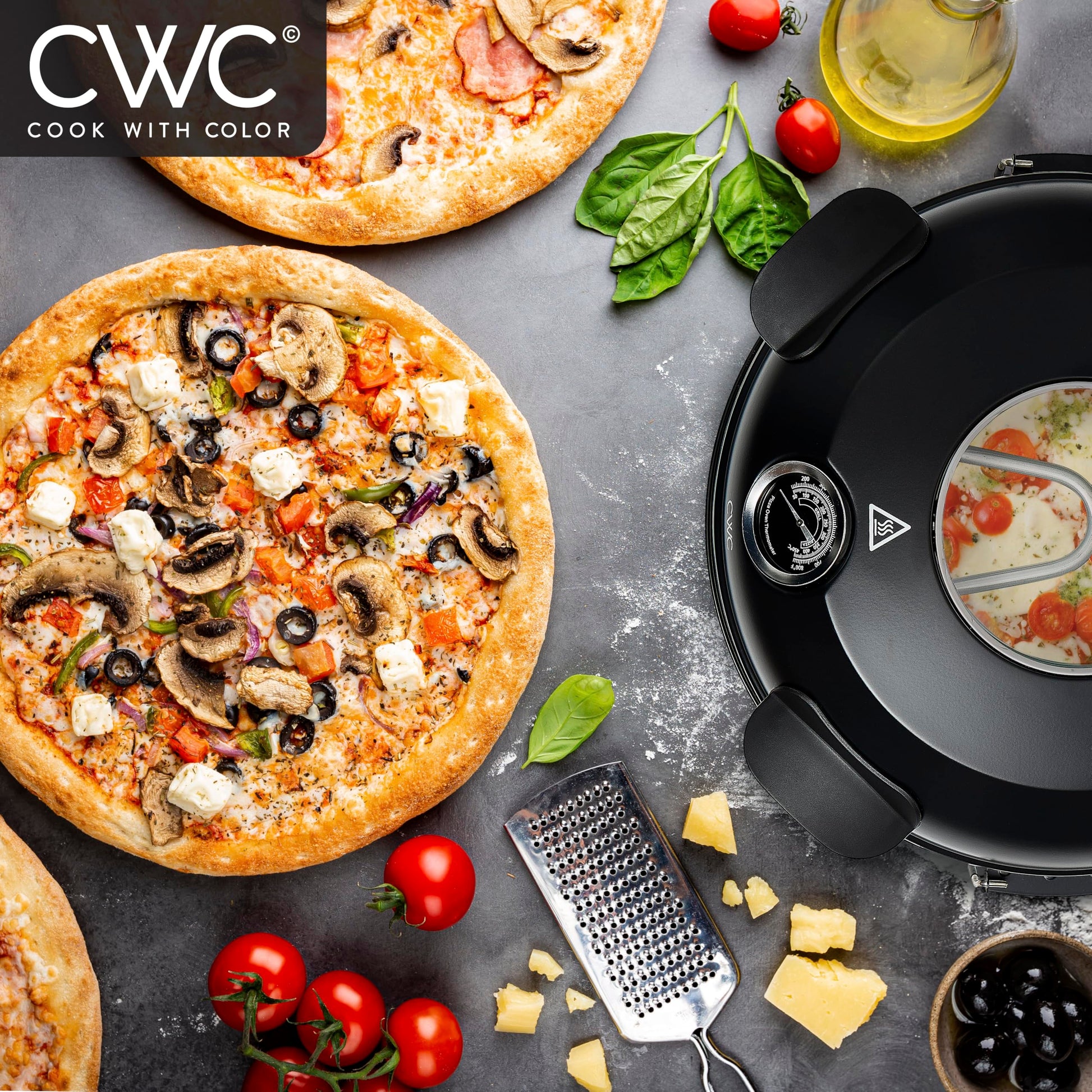 Cook With Color Horno eléctrico de pizza para interiores – Pizzera crujiente, calienta hasta 1000 °F, piedra de cerámica de 12 pulgadas, doble control de temperatura, cáscara de bambú incluida, negro