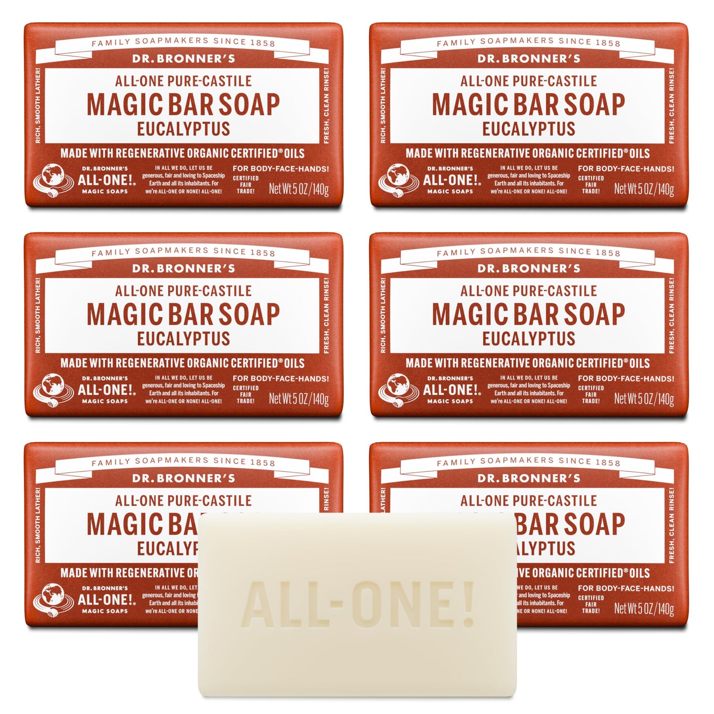 Dr. Bronner's | Jabón de castilla orgánico en barra, fórmula concentrada, frescura herbal y respiración clara, con aceite esencial de Eucalipto, aroma Eucalipto (6 pack)
