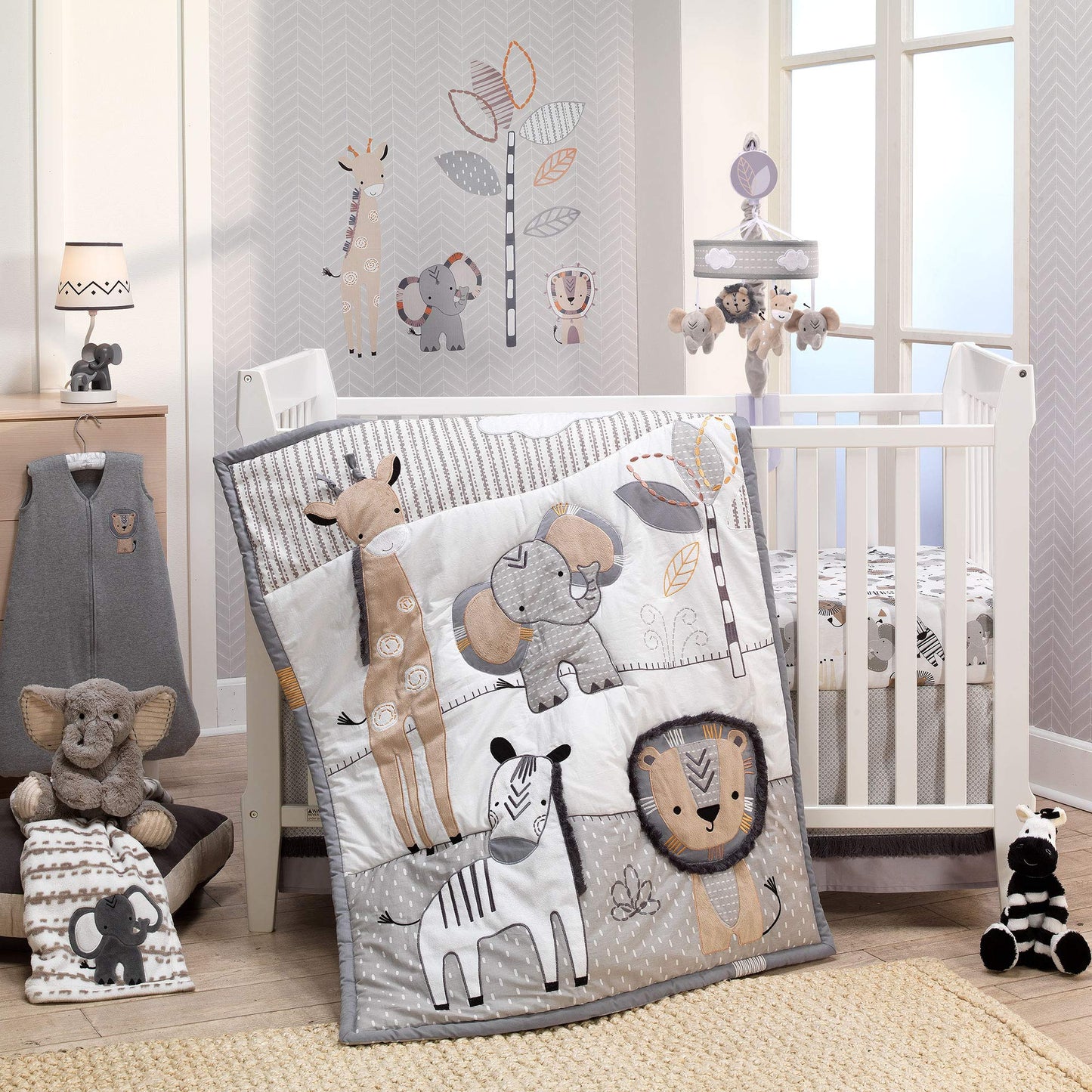 Lambs & Ivy Jungle Safari Musical Baby Crib Mobile - Grey, Beige, White, Animals
