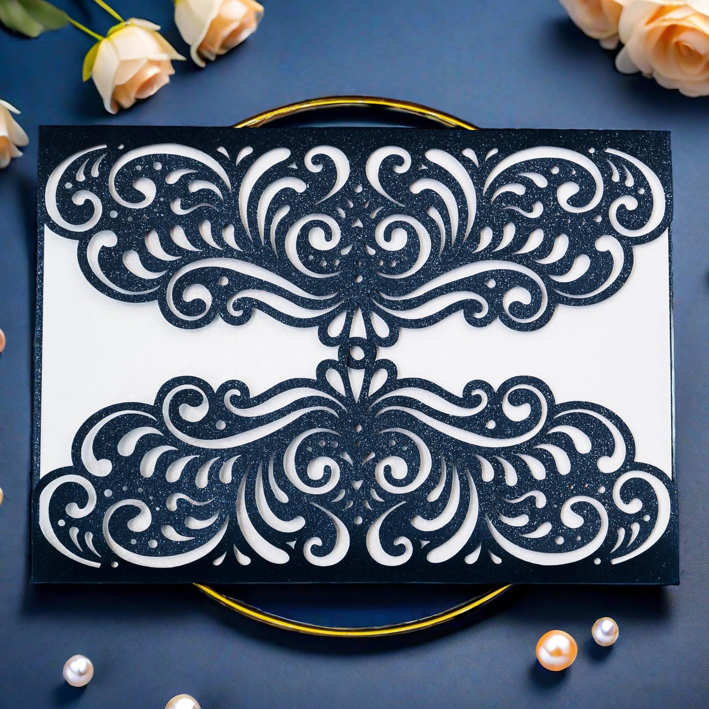 YHOTA - 20 unidades de bolsillo para tarjetas de invitación de boda cortadas con láser con sobre para fiestas de cumpleaños, bebés o novias, para invitaciones de despedida de 5 x 7 pulgadas (azul
