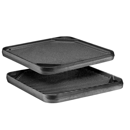 Bruntmor Sartén cuadrada de hierro fundido 2 en 1 con sartén reversible para estufa, sartén multicocción de 10 x 10 pulgadas, utensilios de cocina antiadherentes para camping