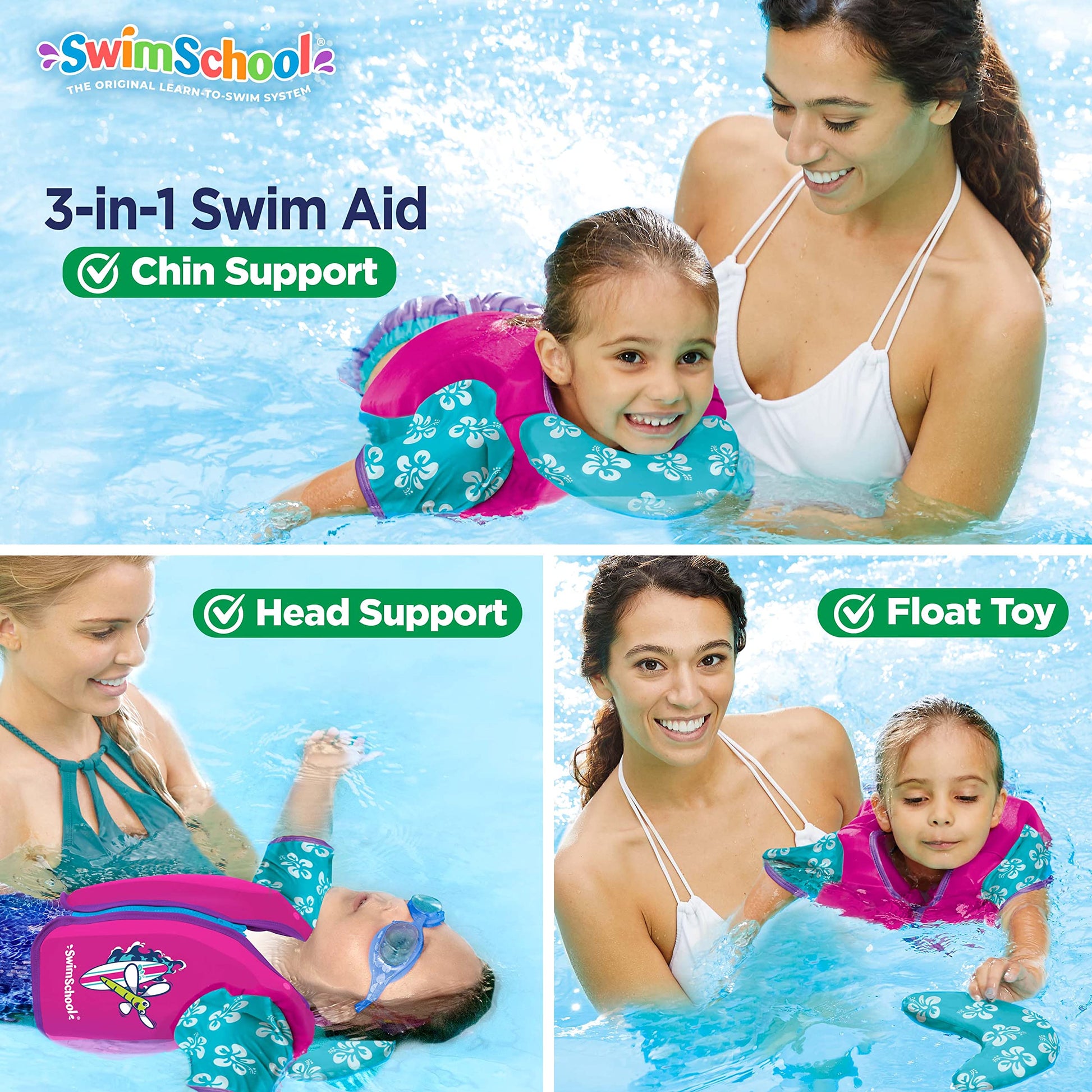 Chaleco de Entrenamiento SwimSchool Rosa Aqua con Mangas UPF50 y Correa Ajustable para Mujer