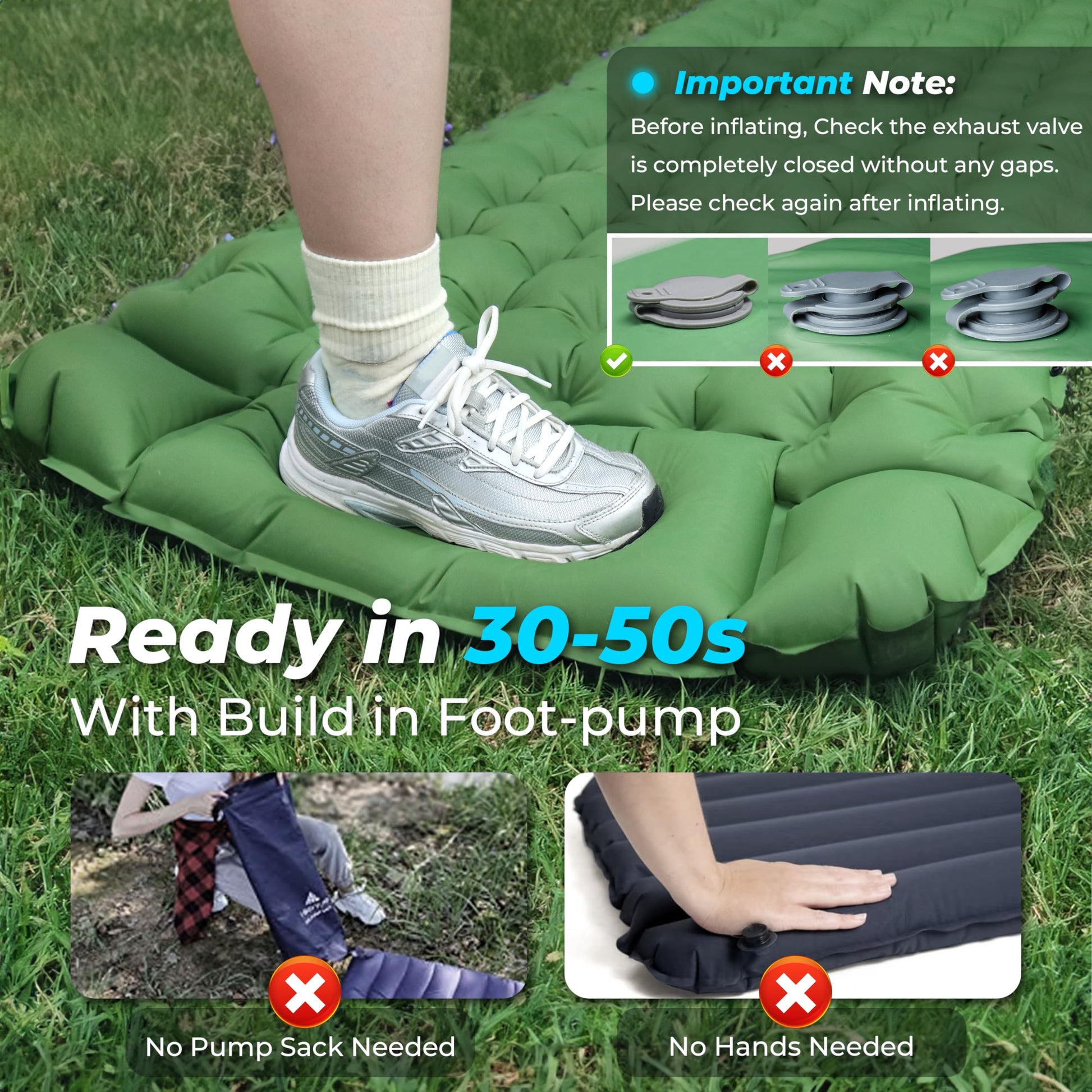 COOLERO - Cojín de dormir inflable ultraligero con bomba incorporada, almohadilla portátil para acampar, compacto, ligero, cómodo y para mochileros, senderismo