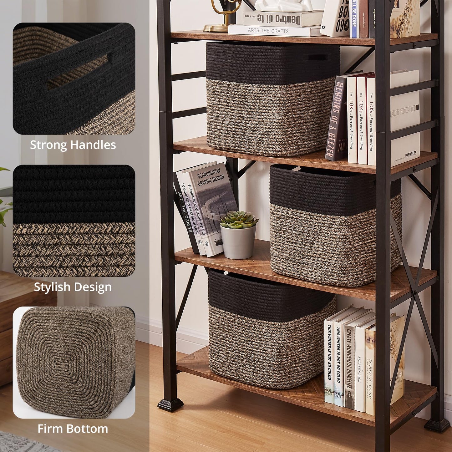 OIAHOMY - Cestas tejidas de cuerda de algodón para organizar 3 unidades de 13 x 13 x 12.6 pulgadas, cestas rectangulares de almacenamiento para ropa, cestas de almacenamiento para niños, sala de
