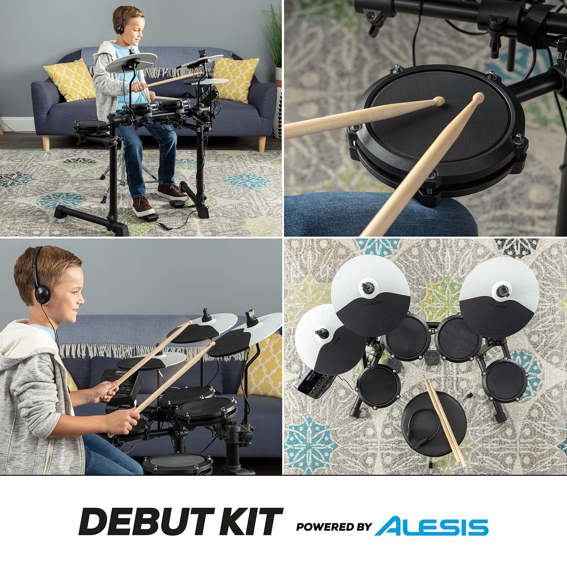 Alesis Debut Kit - Bateria electrica para niños con 4 parches de malla, 120 sonidos, 100 lecciones, taburete, baquetas, llave de batería y auriculares