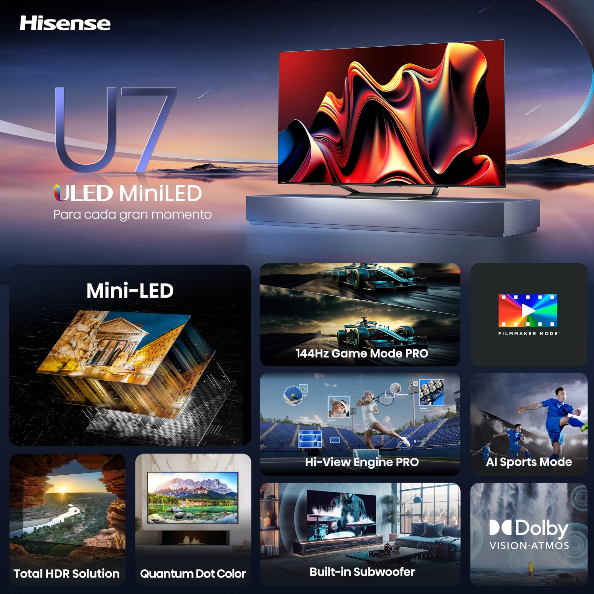 Hisense Television U7N Pantalla 65 Pulgadas,Mini-LED Smart Google TV UHD 4K,Control Remoto por Voz con Alexa,Modo de Juego Pro de 144 Hz,Hi-View Engine Pro,Subwoofer Incorporado