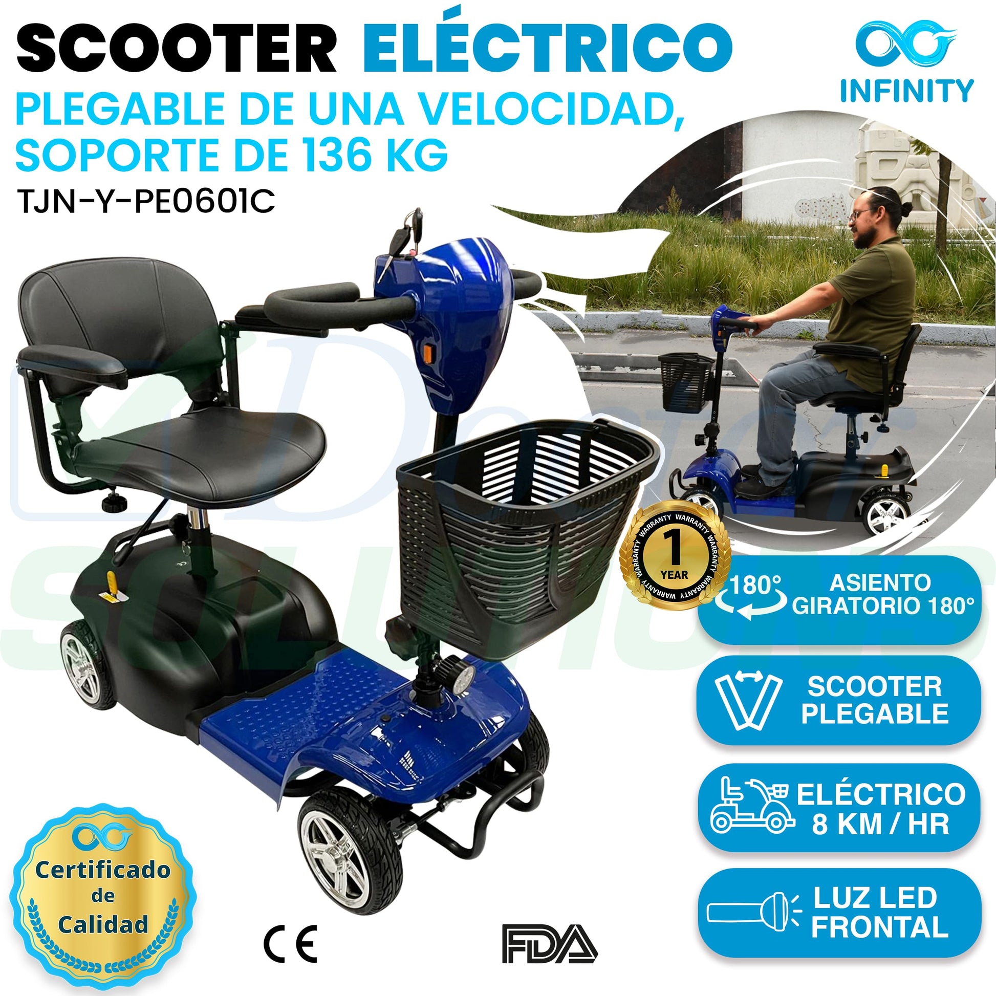 INFINITY | Silla Ruedas Eléctrica Plegable y Recargable Scooter para Adulto Discapacitado, con Batería de Larga Duración (AZUL)